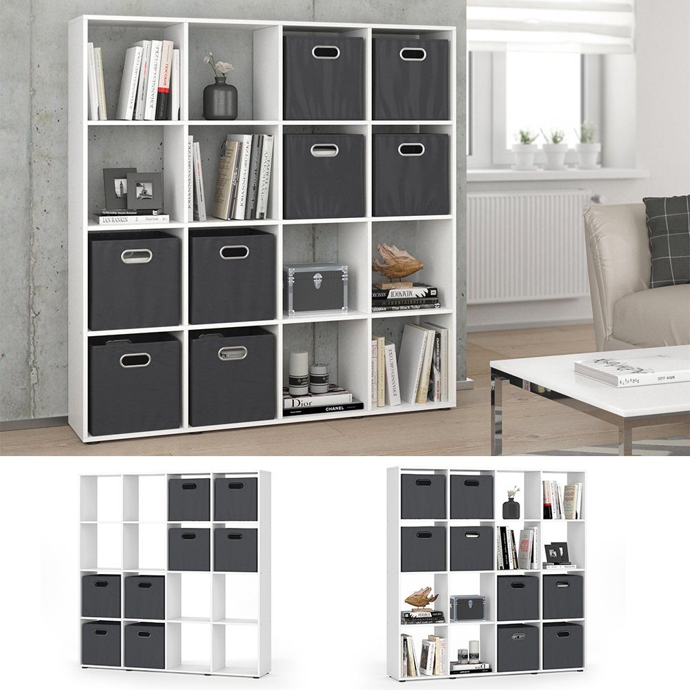 Vicco Raumteiler Würfelregal Standregal KARREE 16 Fächer Weiß inkl. Faltboxen