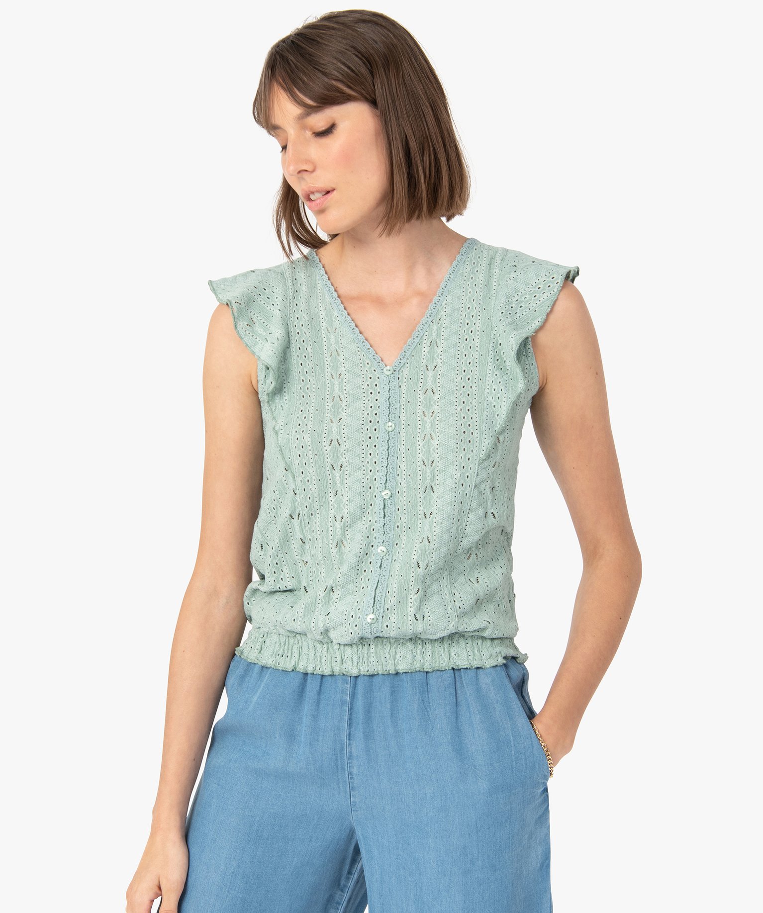 Tee-shirt femme à manches courtes en maille ajourée vert | GEMO