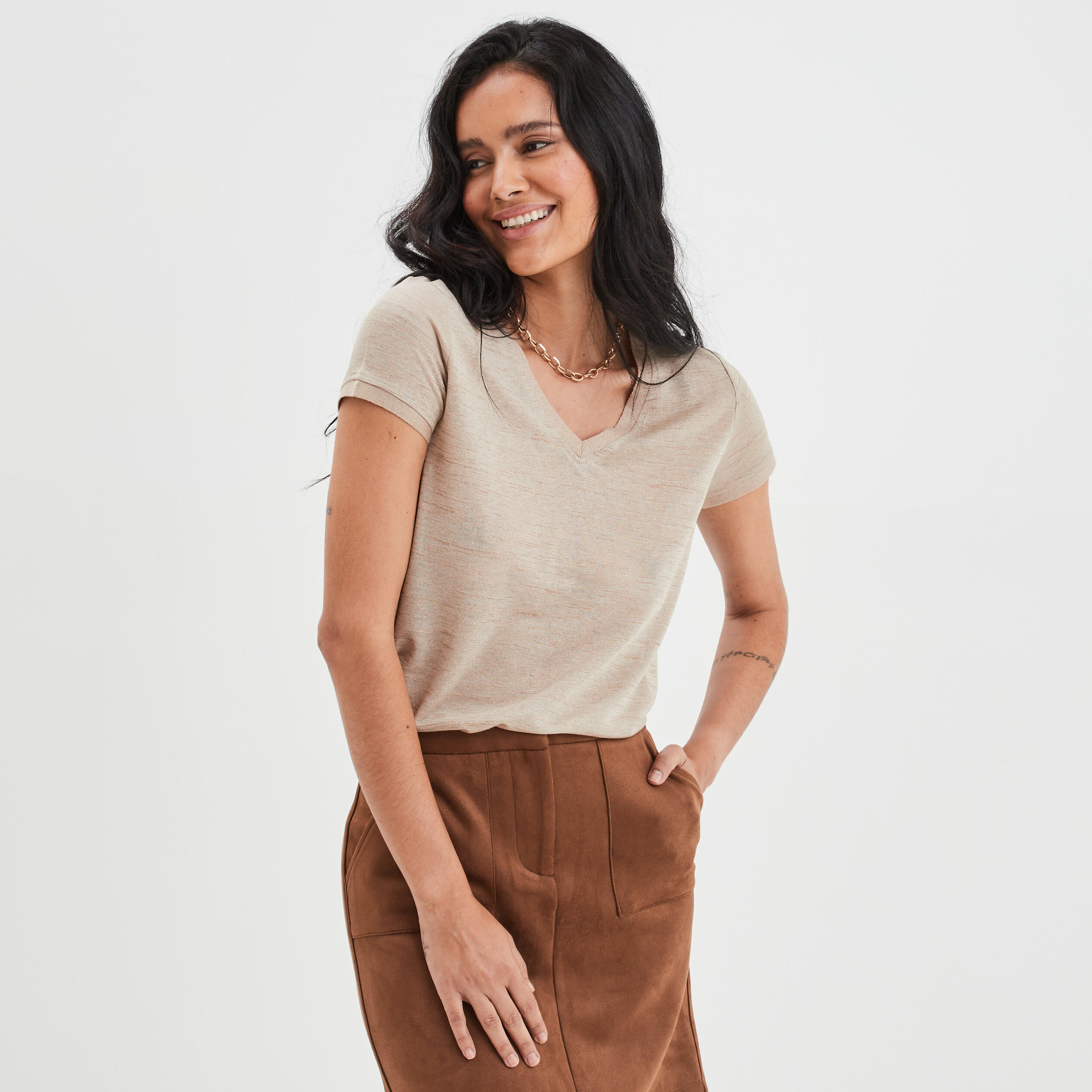 T-shirt bandes métallisées Liberto beige femme | La Halle