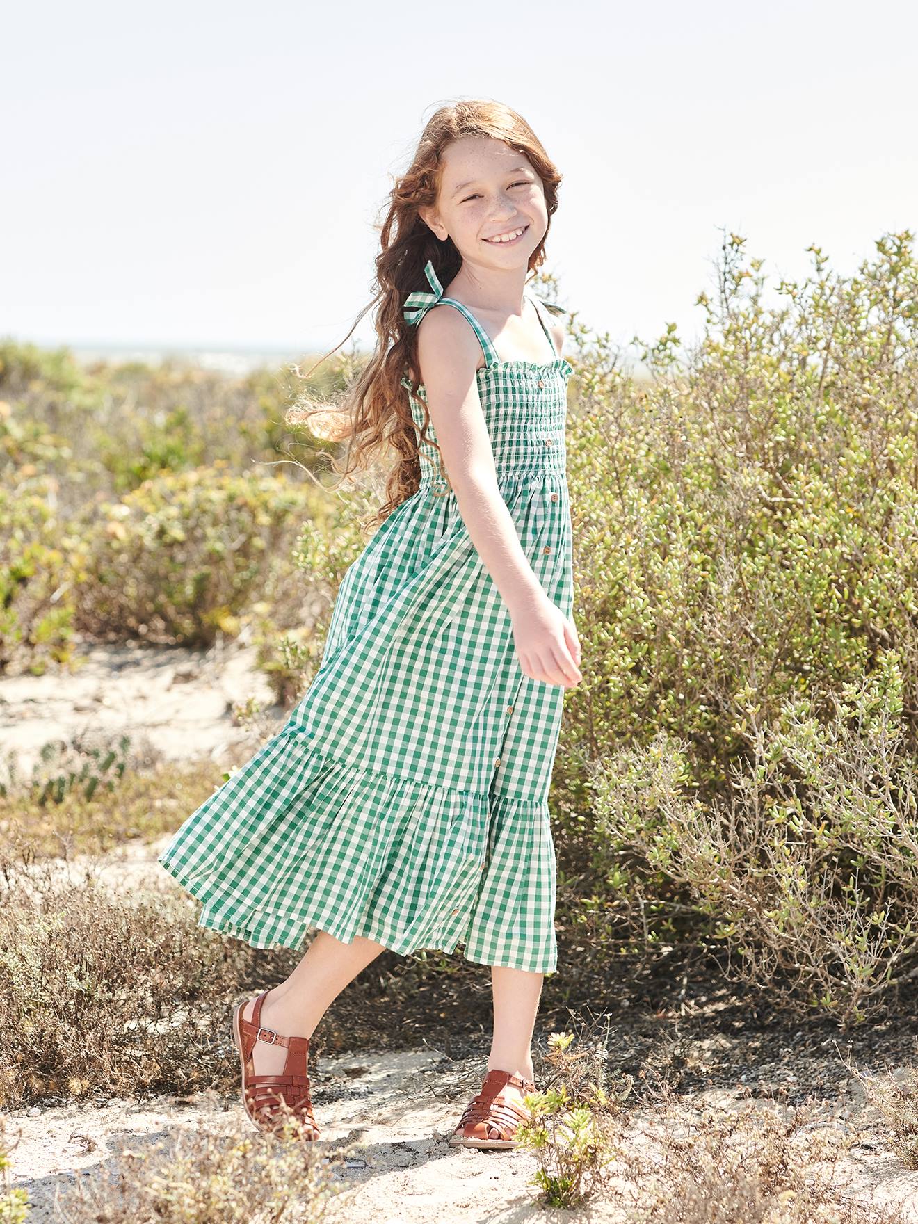 Robe longue à smocks fille carreaux vert