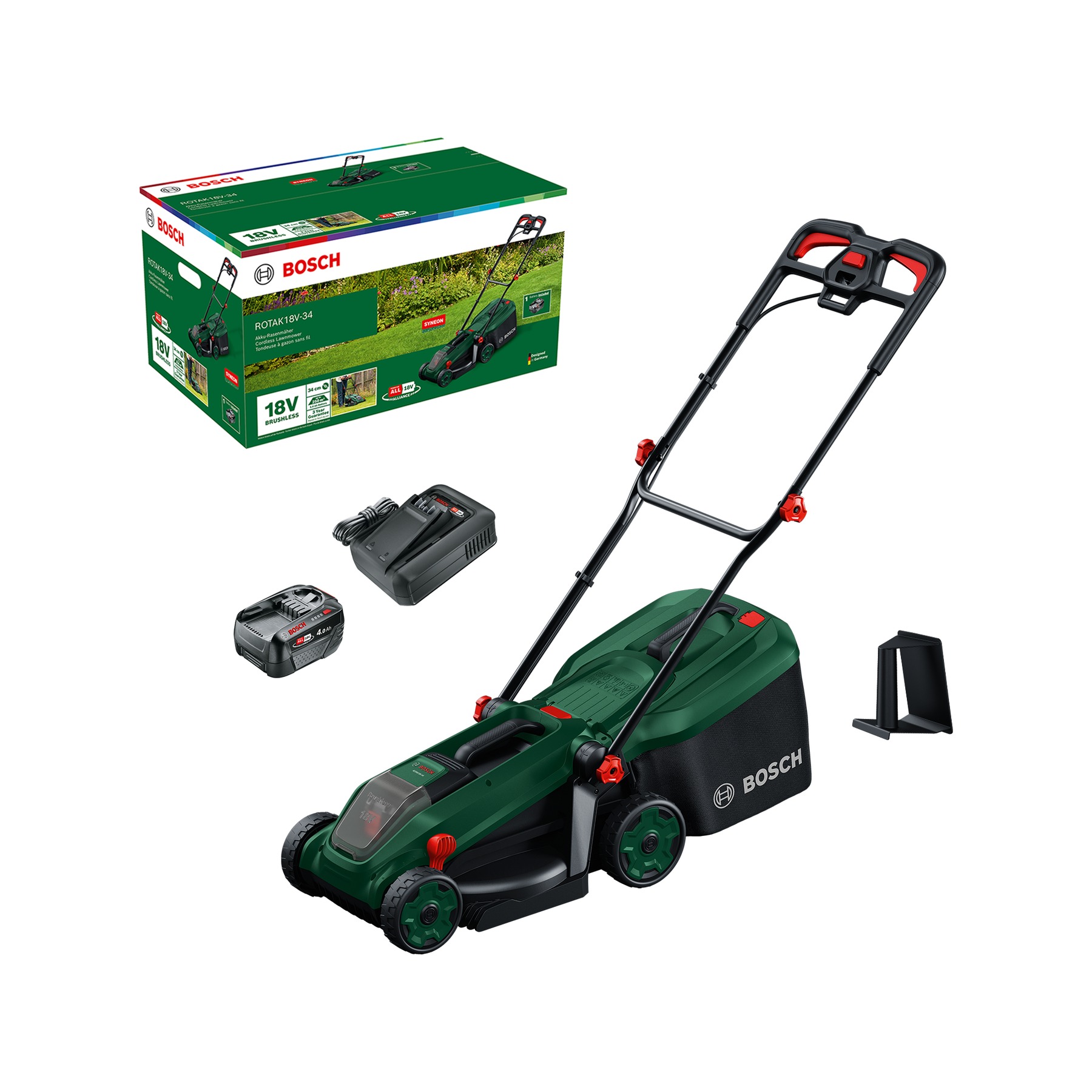 Bosch Green 06008B9N00 Rotak 18V-34 Akku-Rasenmäher, 1x 18V 4,0Ah Akku, AL18V-44 Ladegerät und Mulchstecker im Lieferumfang enthalten