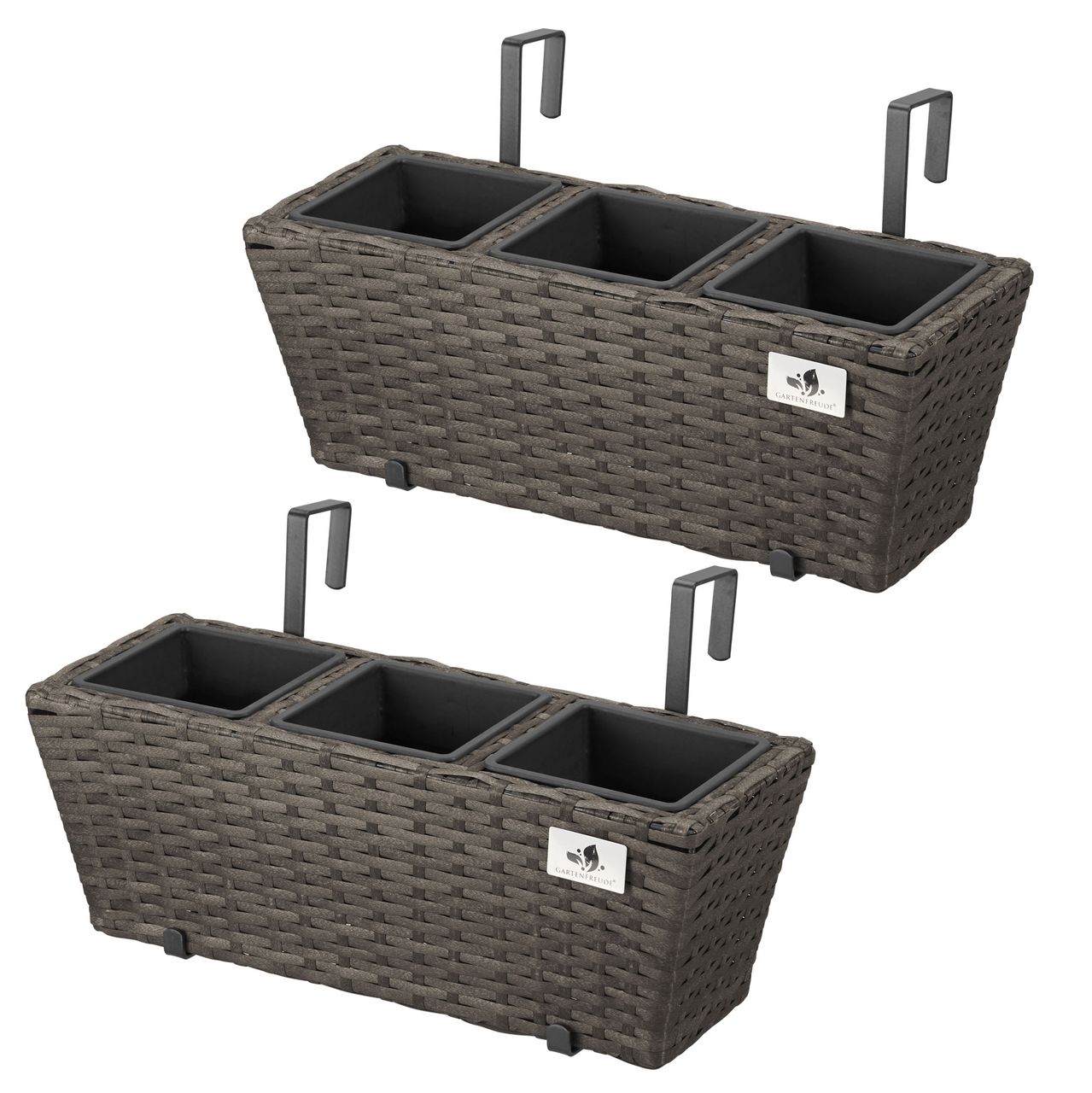Weles Polyrattan Balkonkasten 2 Stück inkl. Aufhängung, 47 x 17 x 15 cm, 3er Kunststoffeinsatz, mocca