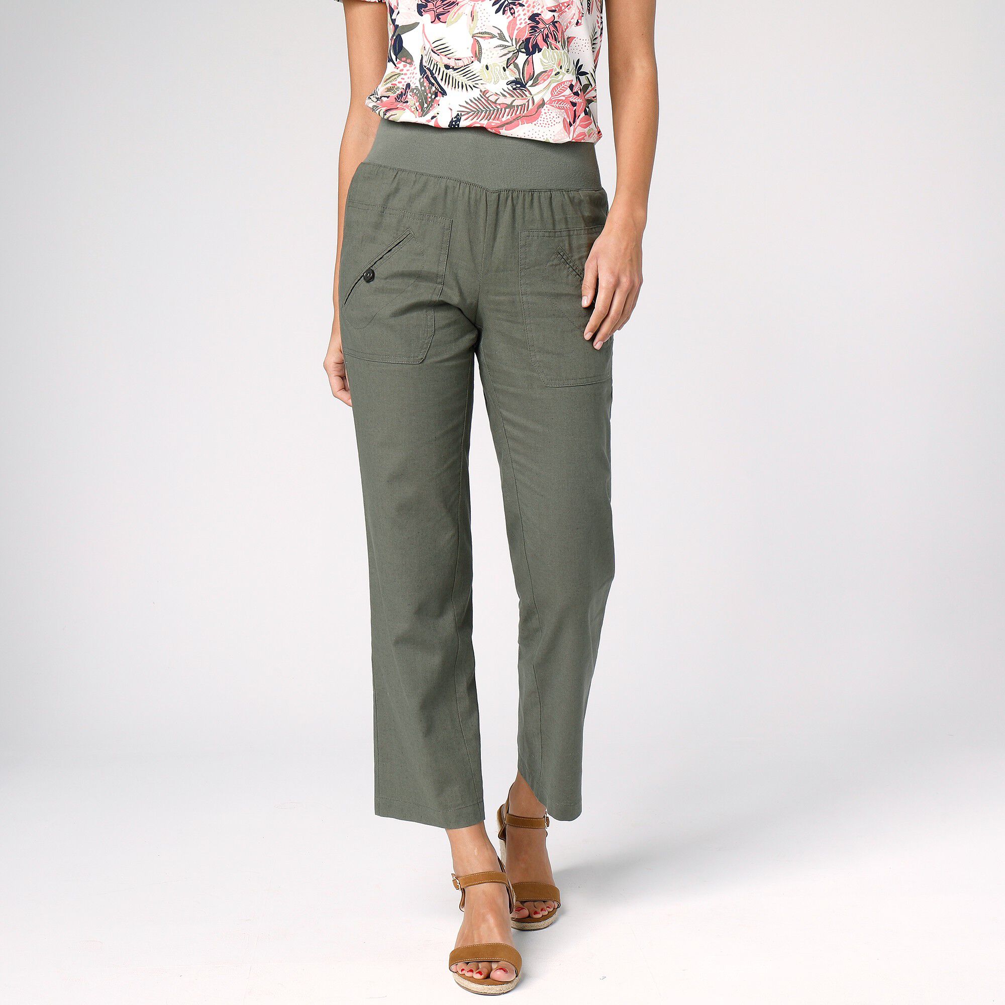 Pantalon coupe droite 7/8ème taille élastiquée, lin coton