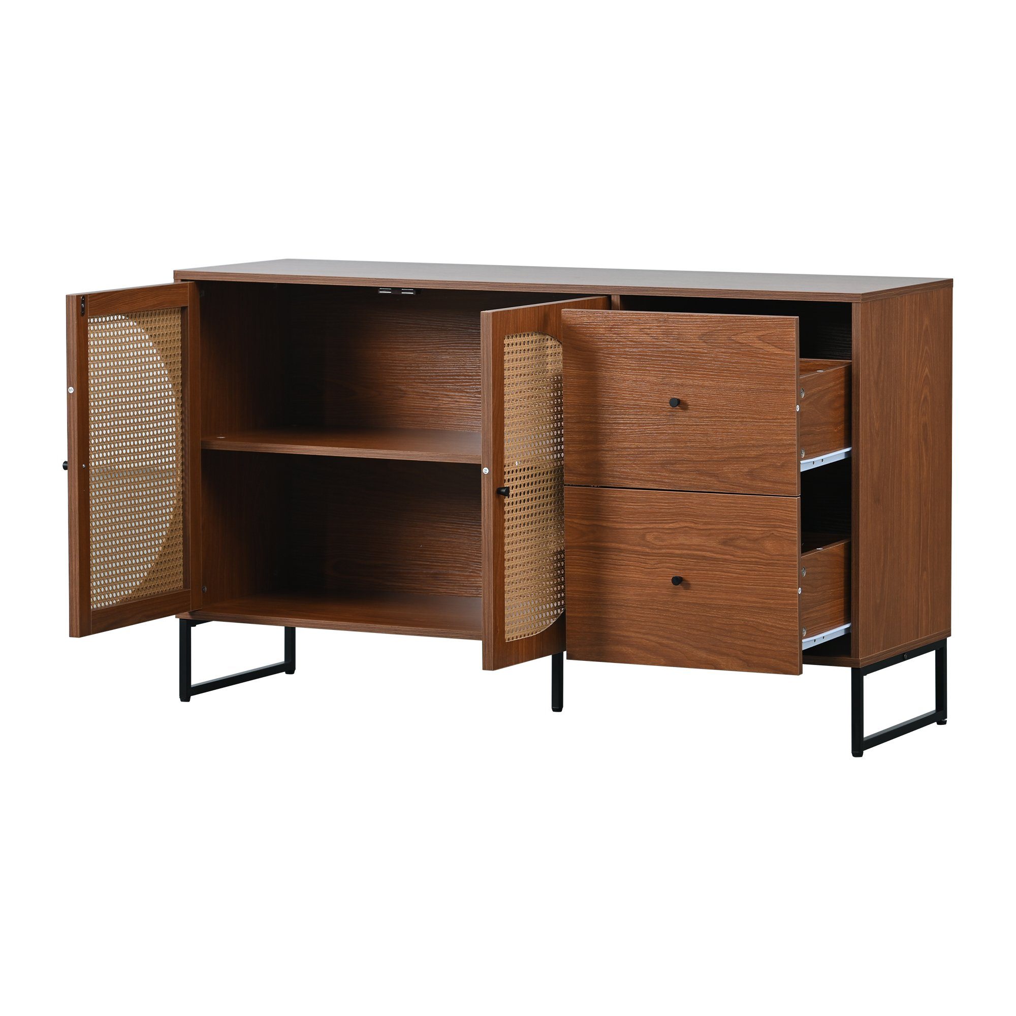 REDOM Sideboard Kommode Mehrzweckschrank (mit 2 Rattan verzierten Türen und 2 Schubladen Kommode Küchenschrank), Highboard mit Metallgriffe