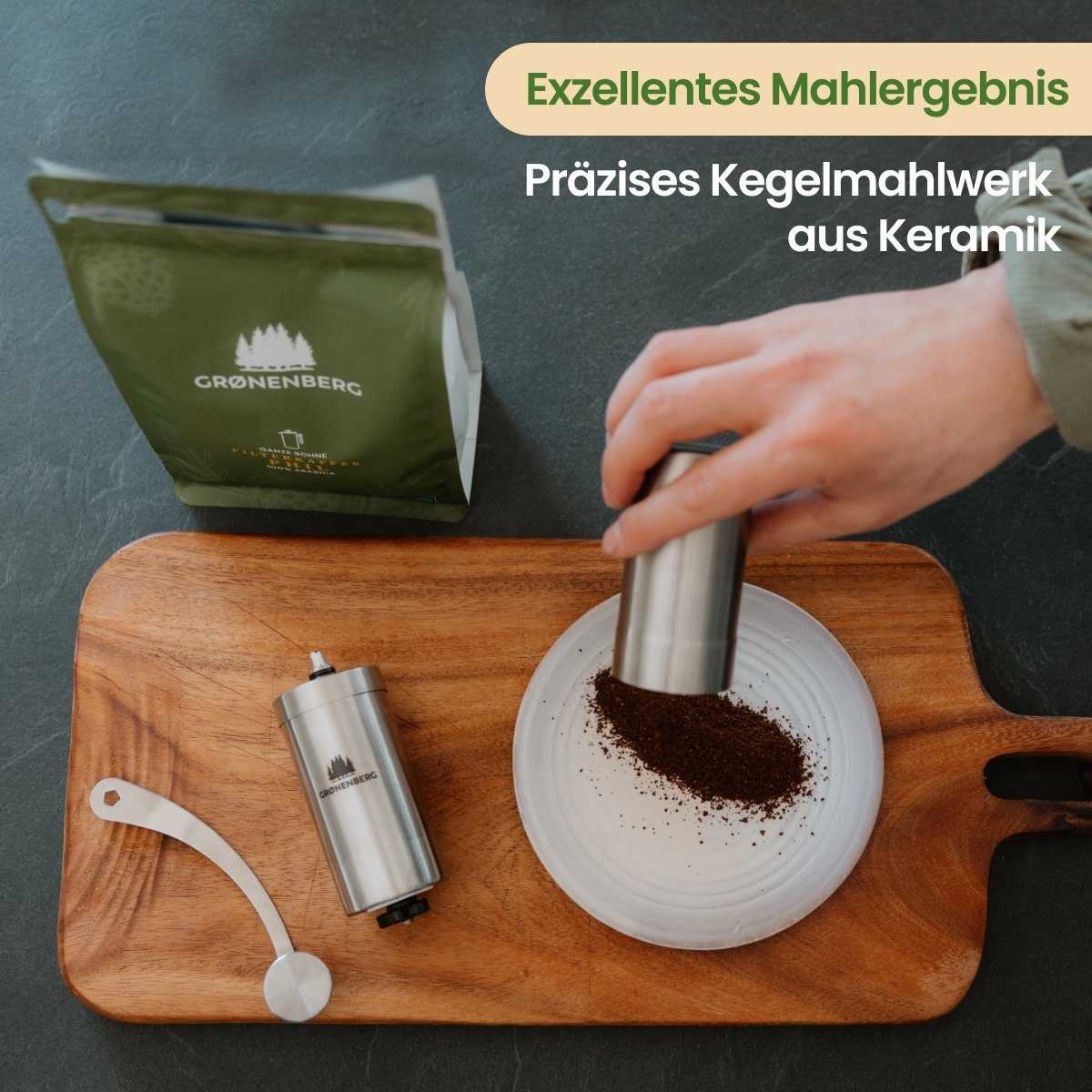 GRØNENBERG Kaffeemühle manuell, Edelstahl Handkaffeemühle, Manuelle Kaffeemühle mit Keramikmahlwerk, 35,00 g Bohnenbehälter, Stufenlos, präzise einstellbar