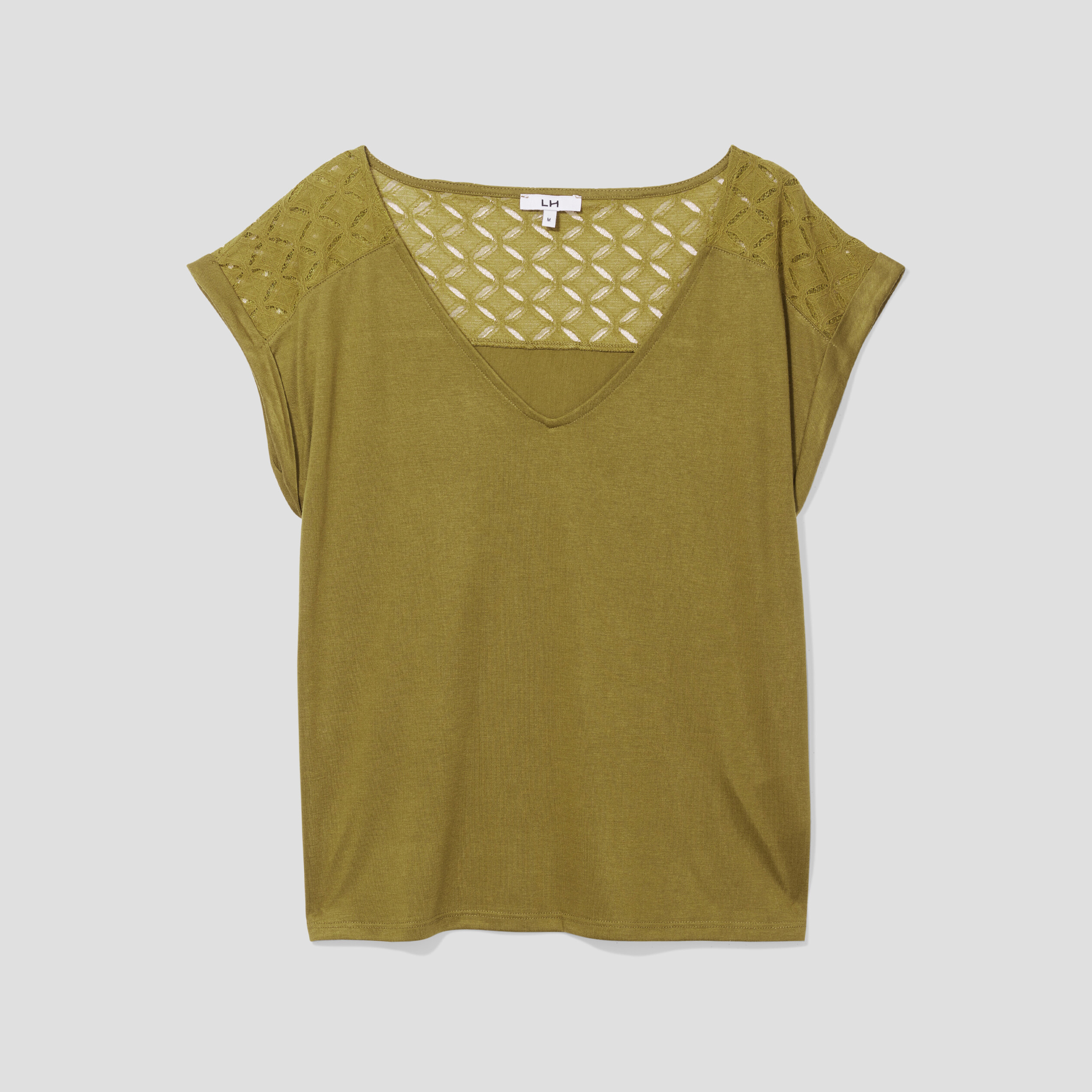 T-shirt col en V dentelle épaules et dos vert olive femme | La Halle