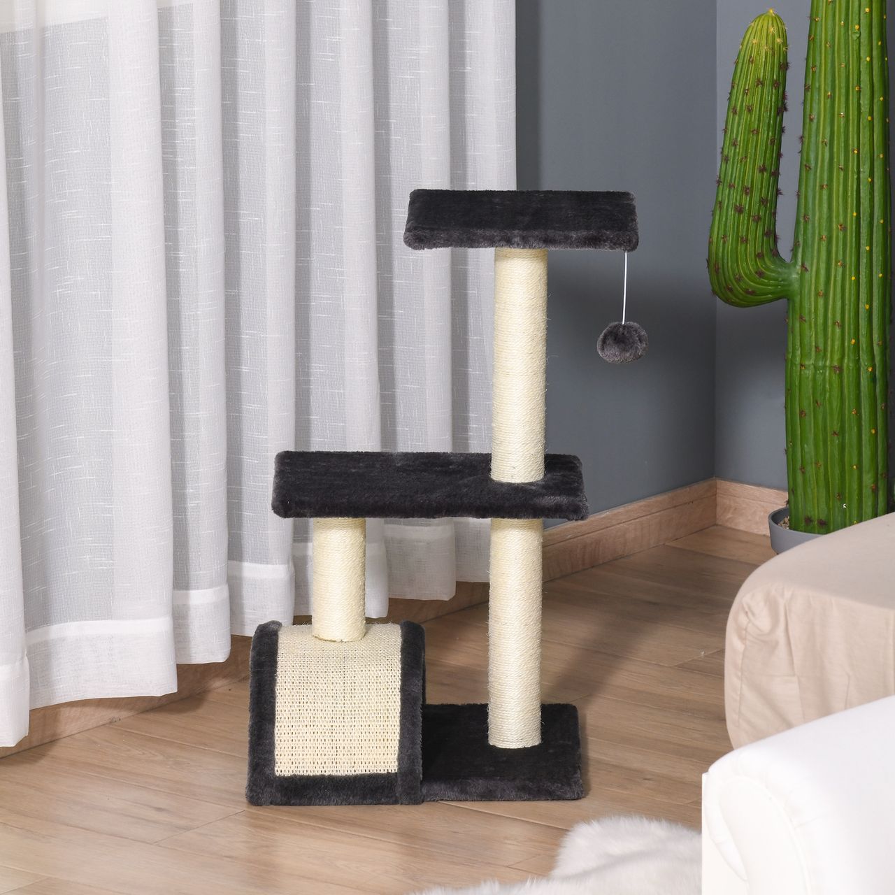 PawHut Kratzbaum mit Kratzbrett Katzenbaum Kletterbaum für Katzen E1 MDF Sisal Plüsch Dunkelgrau 40 x 35 x 72 cm