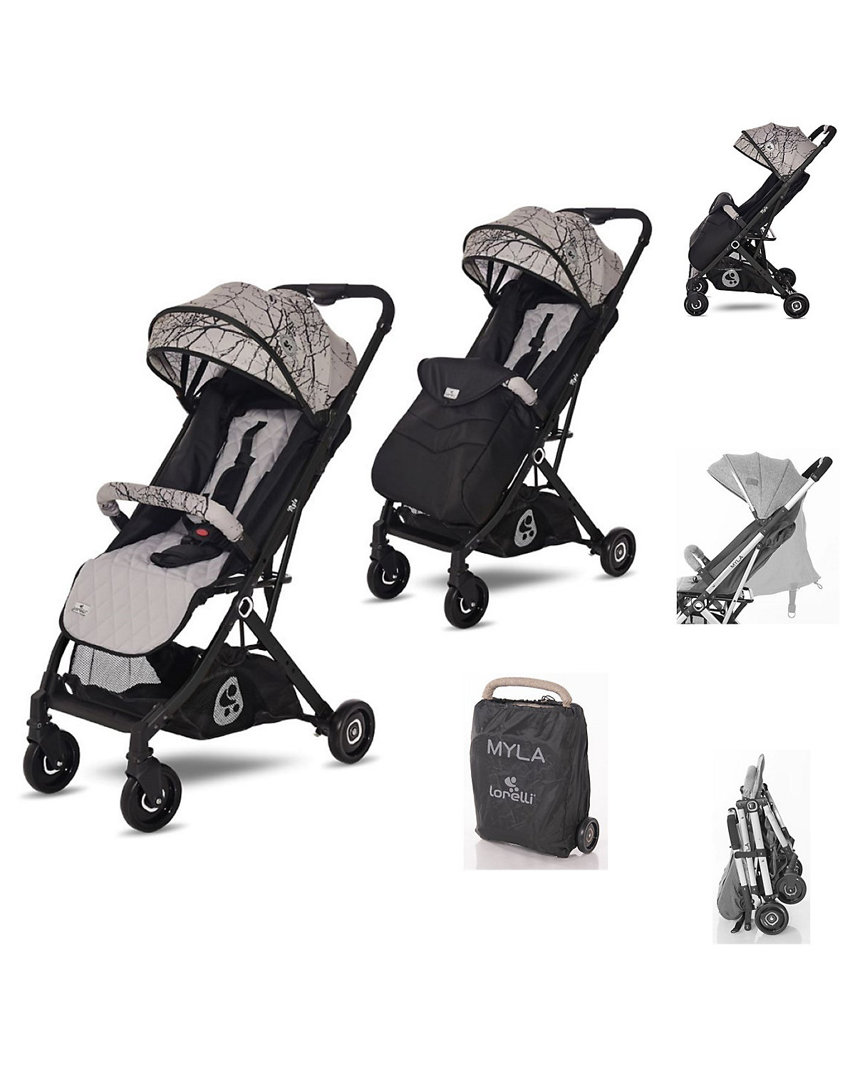 Kinderwagen Myla Aluminiumrahmen Korb Fußsack Buggys