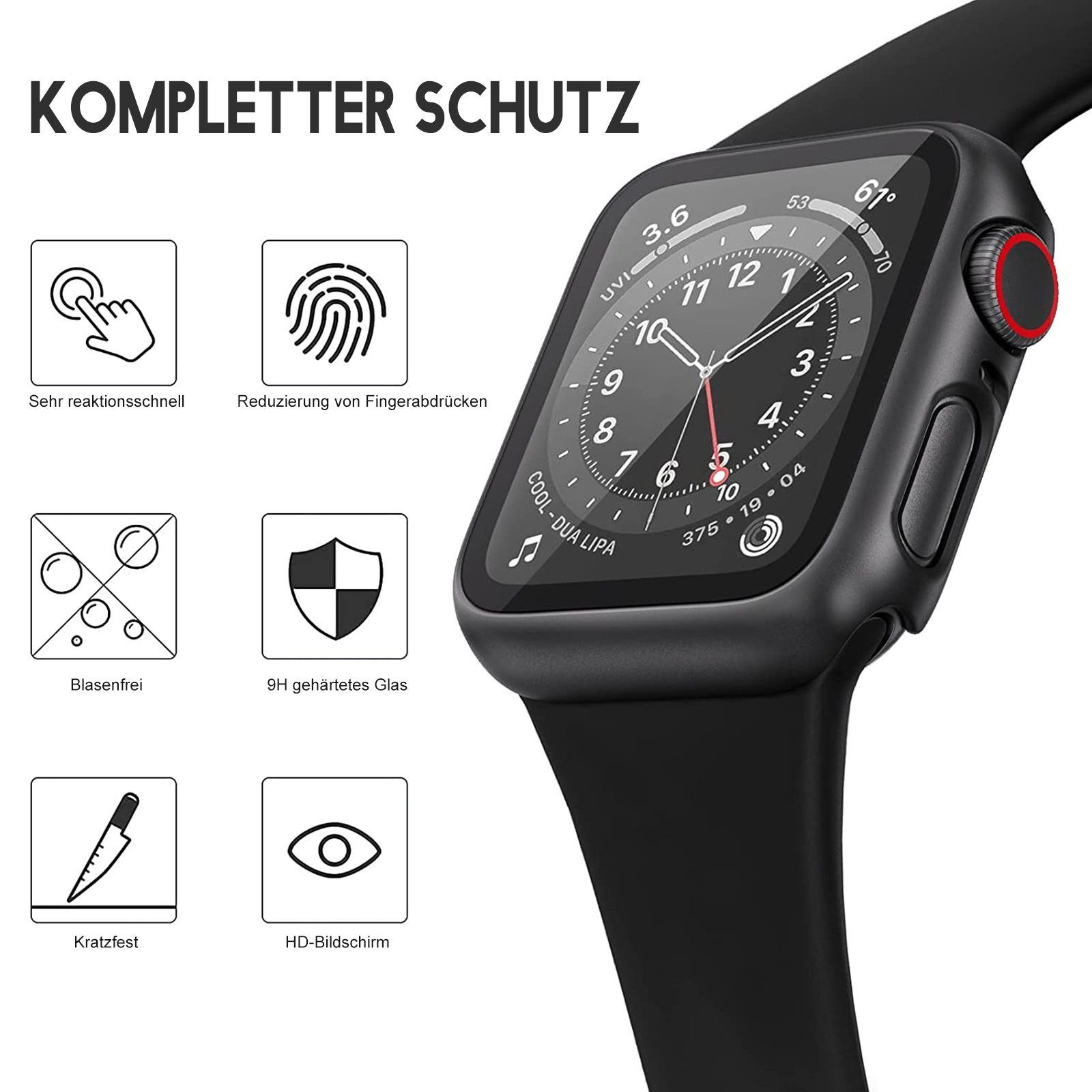 edimens Smartwatch-Hülle Schutzhülle für Apple Watch 9 8/7/6/SE/5/4/3/Ultra 2 iWatch Hülle 40/41/44/45/49mm, Displayschutzfolie mit integriertem gehärtetem Glas