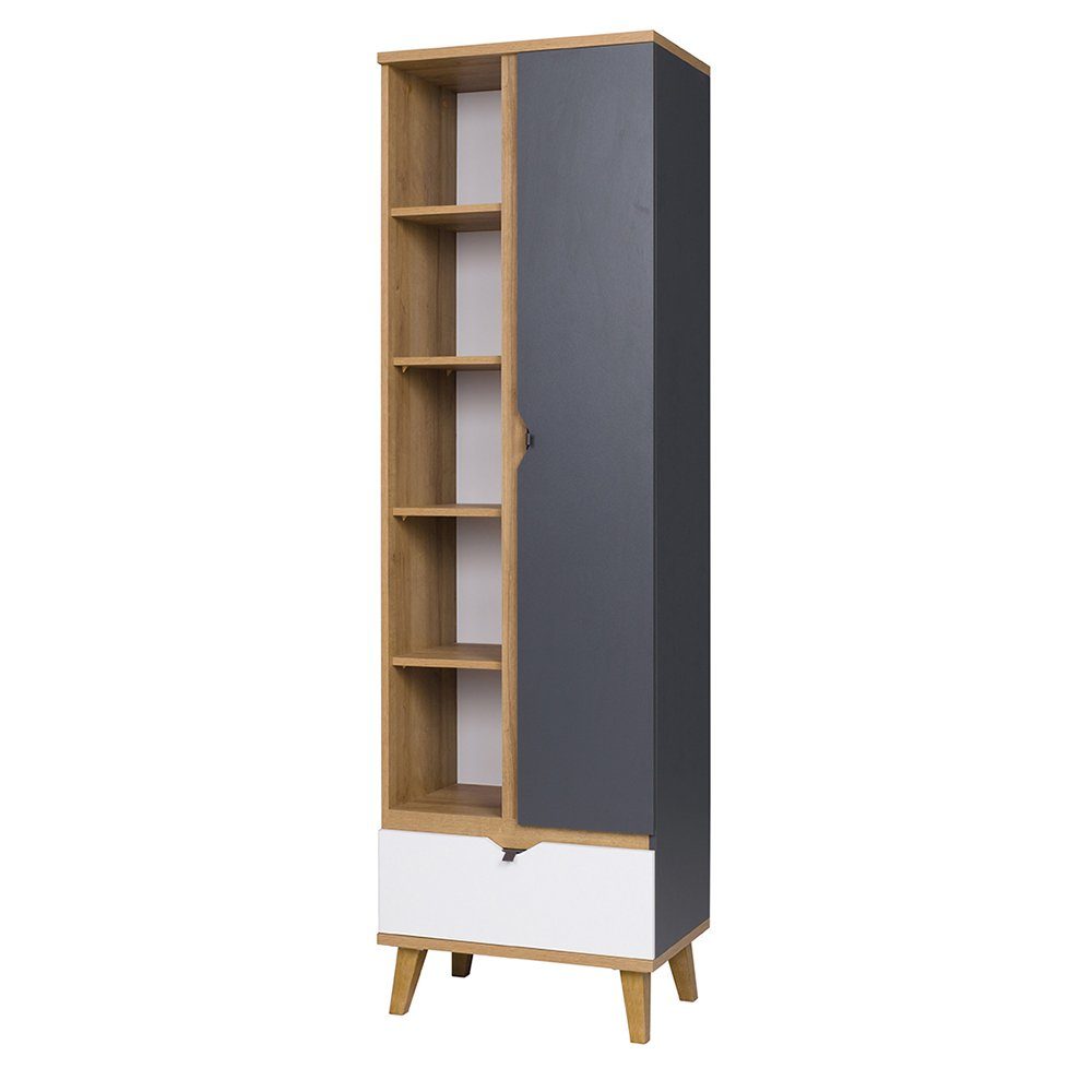 Lomadox Highboard MARIBOR-132, 200 cm hoch, mit offenen Fächern in Eiche mit graphit und weiß