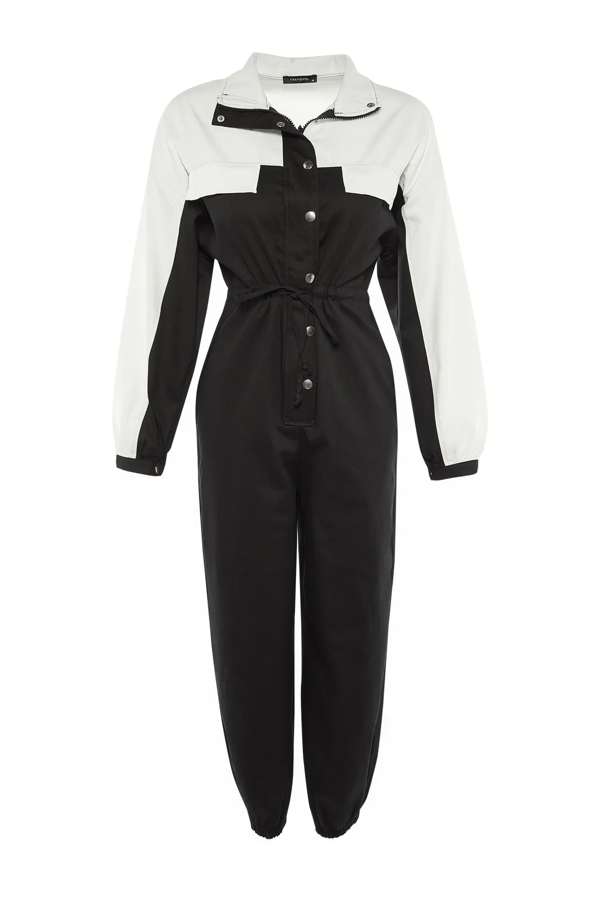 Trendyol Collection  Langer, gewebter Overall in Schwarz mit Farbblockierung und geraffter Taille TWOAW21TU0011