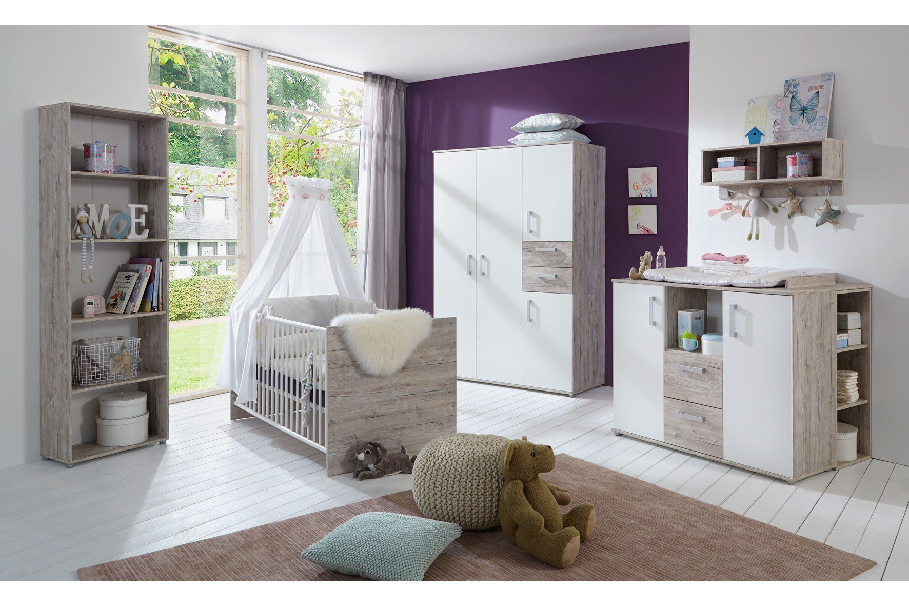 möbel-direkt.de Babyzimmer-Komplettset Bente, (Komplett Set, 6-St., Kleiderschrank, Babybett, Umbauseiten, Wickelkommode, Regale), Made in Germany, haptische und pflegeleichte Oberfläche