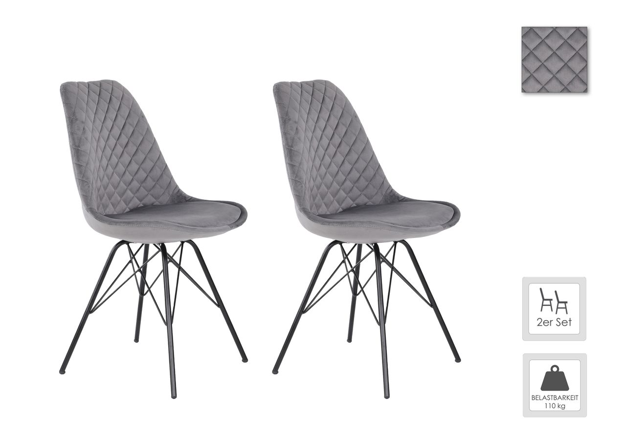 byLiving RICA Stuhl, 2er Set, Metallgestell schwarz pulverbeschichtet, Samtbezug grau