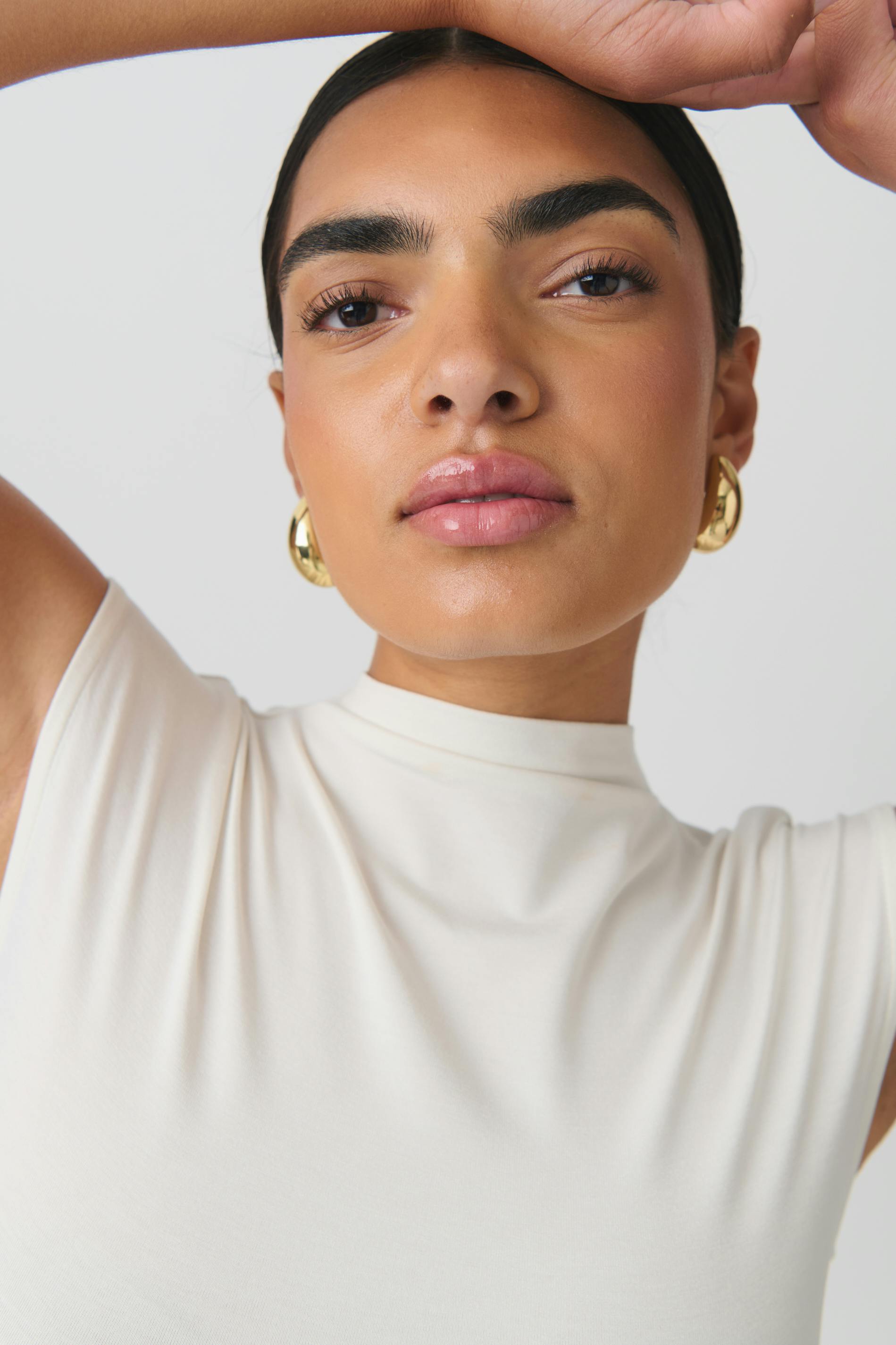 Soft touch funnel neck top