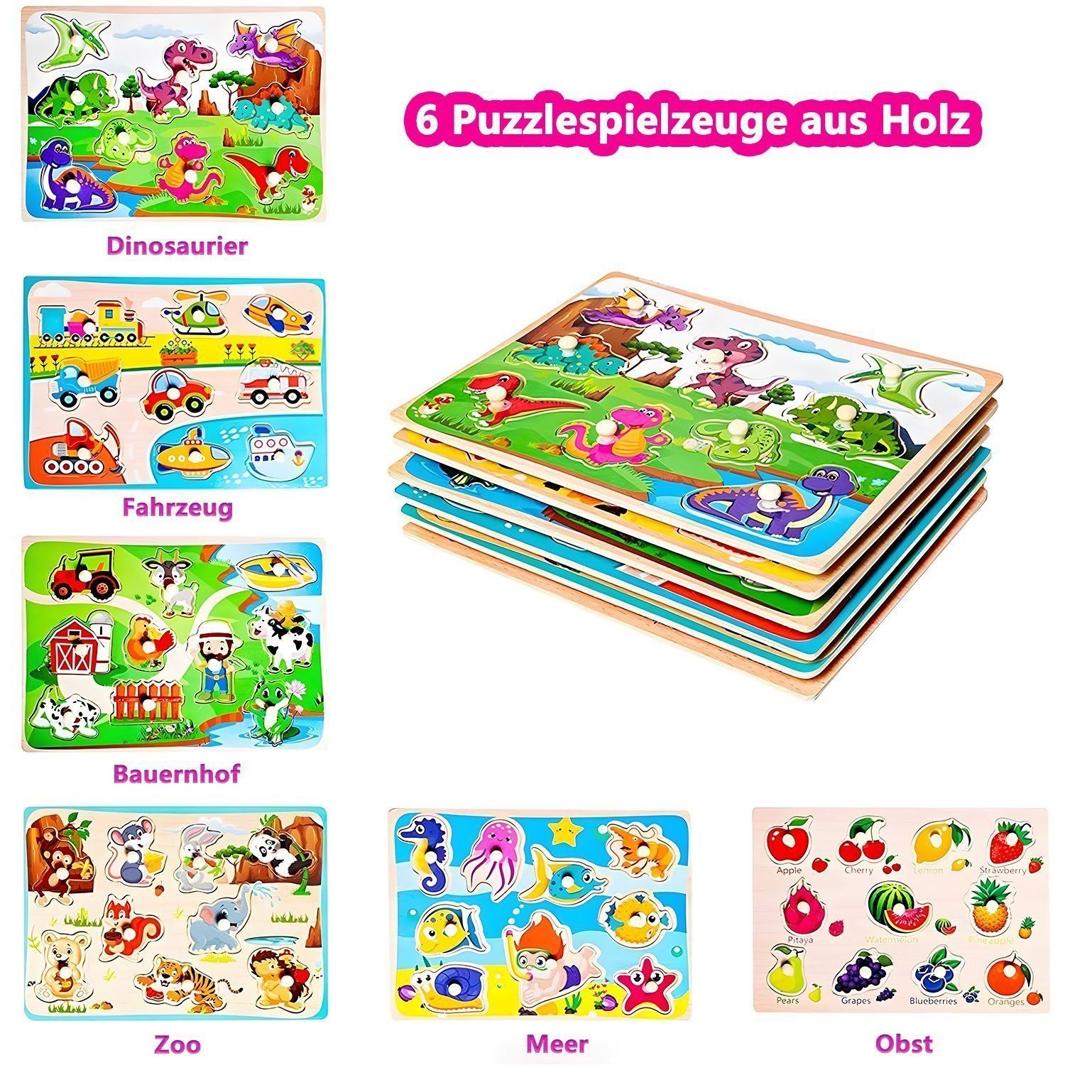 LBLA Lernspielzeug Dino, Fahrzeug, Bauernhof, Zoo, Meer, Obst Holzpuzzle (6er Set), Puzzlespiel, Steckpuzzle, Holzspielzeug für Kinder, Weihnachtsgeschenk