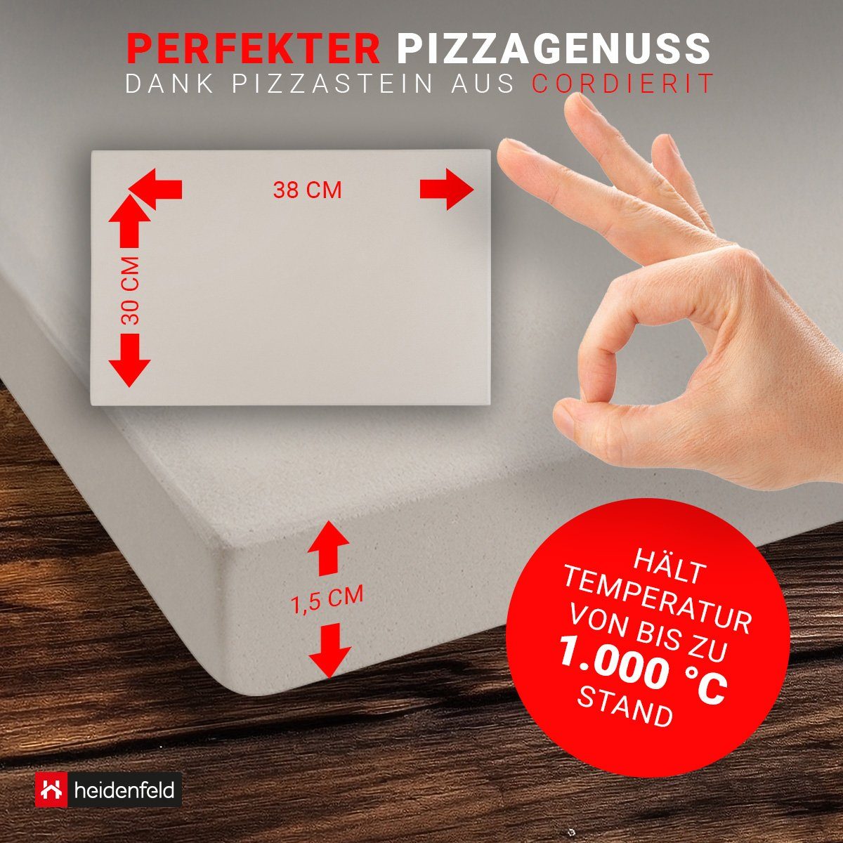 Heidenfeld Pizzastein für Backofen Pizza Set 5in1 bis zu 1000 °C inkl. Rezeptbuch, Pizzastein aus Cordierit, (Pizzaschieber rechteckig mit großer Fläche, Ofen Back Zubehör, 5-St., 