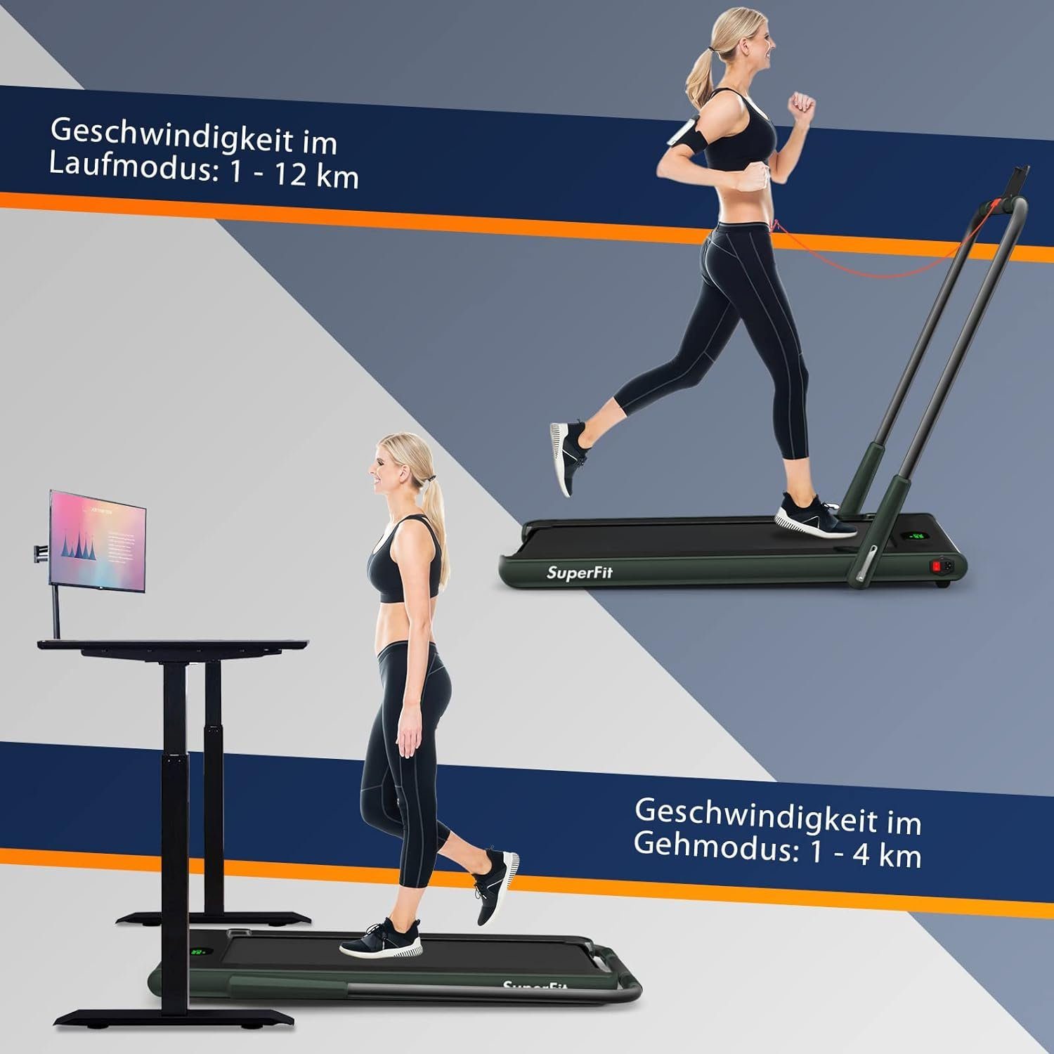 COSTWAY Laufband (2 in 1 Laufband Zuhause 1-12 km/h, Platzsparend 2,25 Pferdestärke), Laufband Zuhause, mit APP, Bluetooth und Fernbedienung