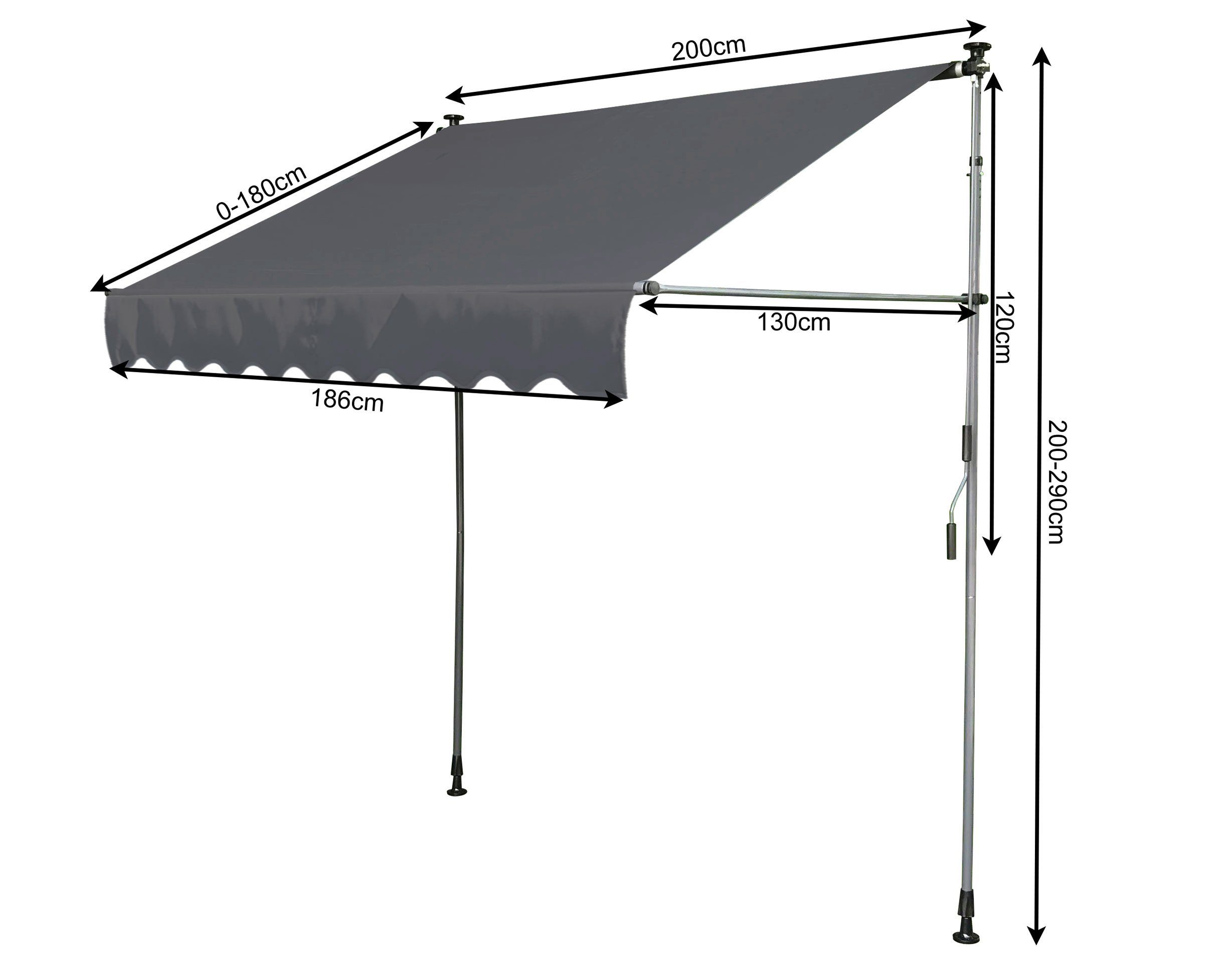 Quick Star Klemm-Senkrechtmarkise 200 cm Breite, 130 cm Ausfall, Neigungswinkel verstellbar