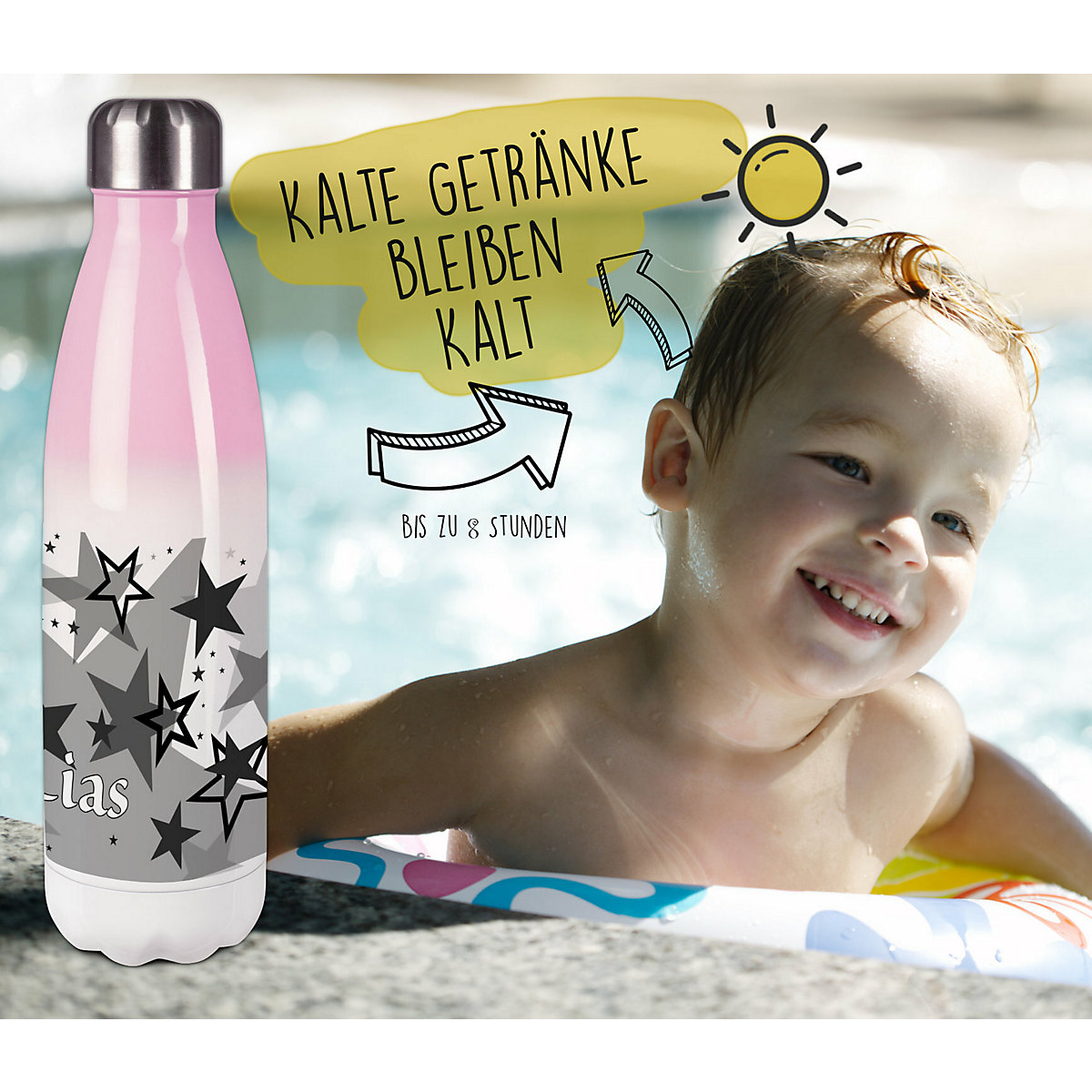 Edelstahl Kinder Thermoflasche / Trinkflasche bunt Sternenhimmel Farbe schwarz Spülmaschinenfest, Auslaufsicher, Bruchfest, Doppelwandig, Für Heißgetränke geeignet, Mit Deckel, Isoliert