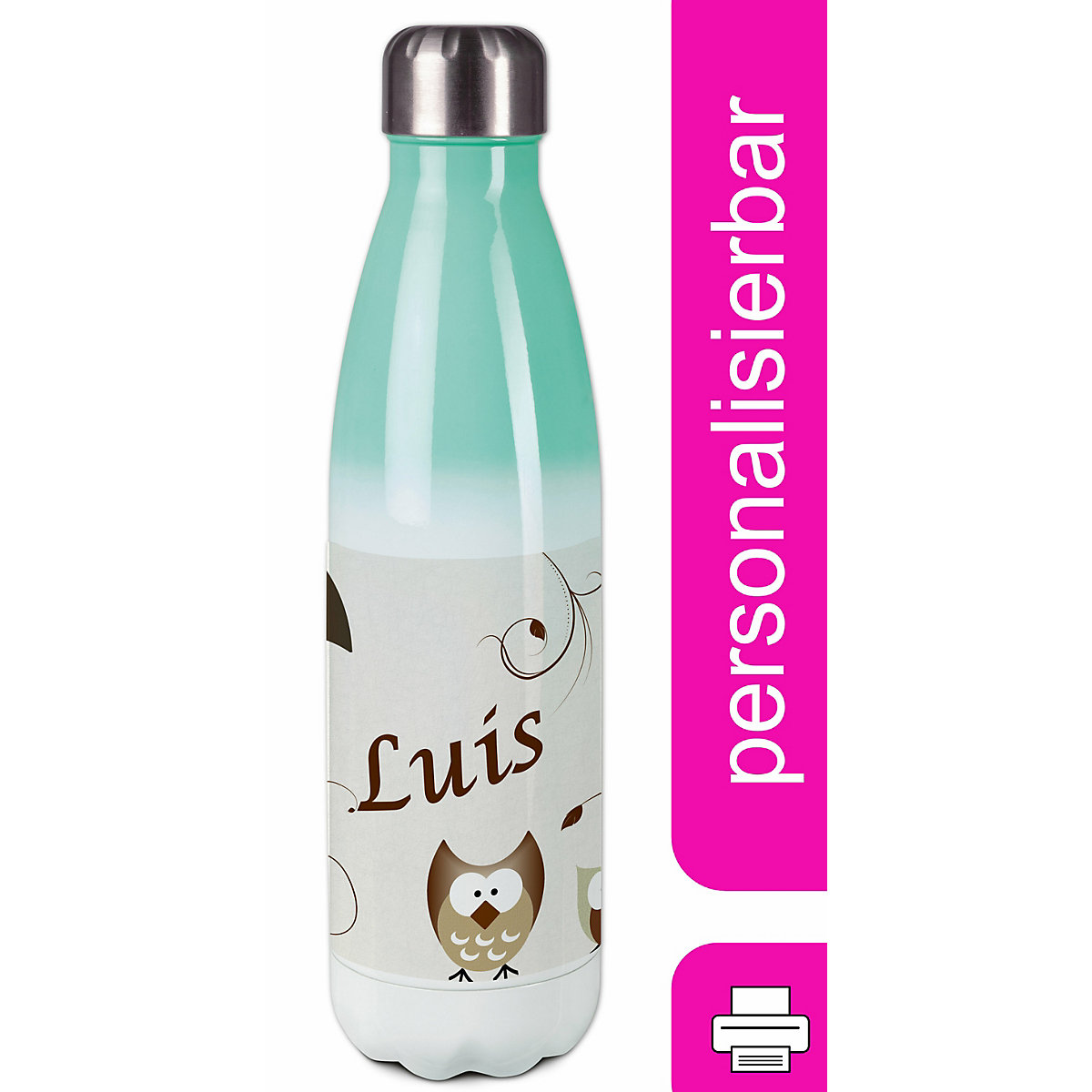 Edelstahl Kinder Thermoflasche / Trinkflasche bunt Eule Farbe beige Spülmaschinenfest, Auslaufsicher, Bruchfest, Doppelwandig, Für Heißgetränke geeignet, Mit Deckel, Isoliert