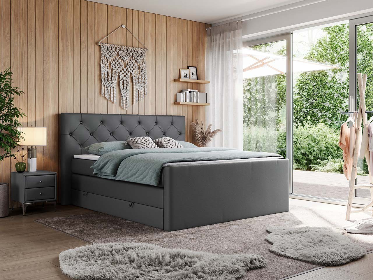 MKS MÖBEL Boxspringbett KING VELEN, Doppelbett mit Multipocket-Matratze, Polsterbett mit Kopfstütze