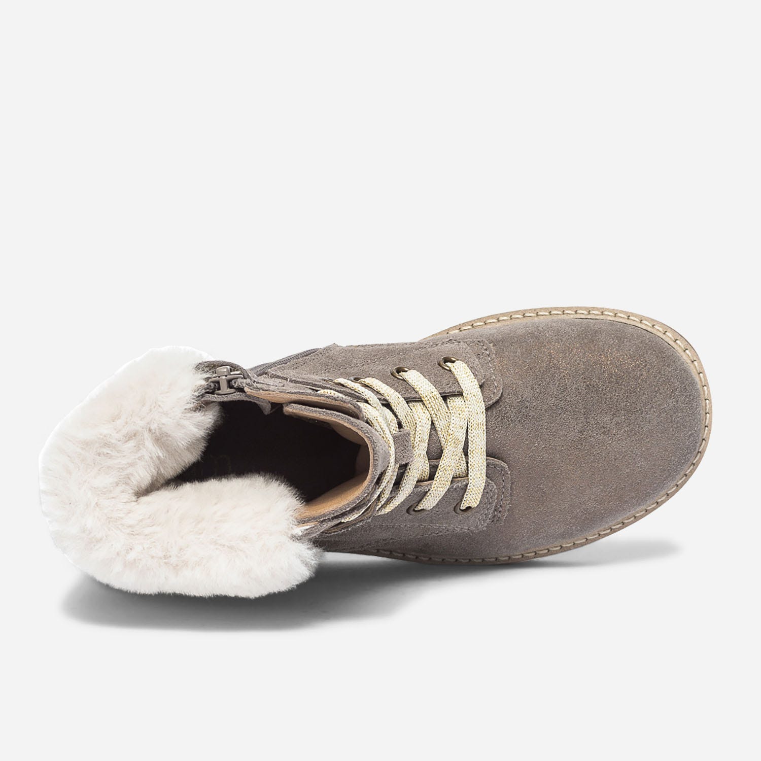 Bottine taupe irisé en cuir velours fourré