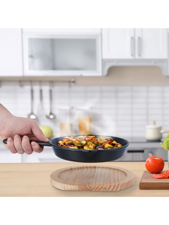 relaxdays Gusseisenpfanne mit Holzuntersetzer in Anthrazit/ Braun - Ø 20 cm günstig kaufen onesize