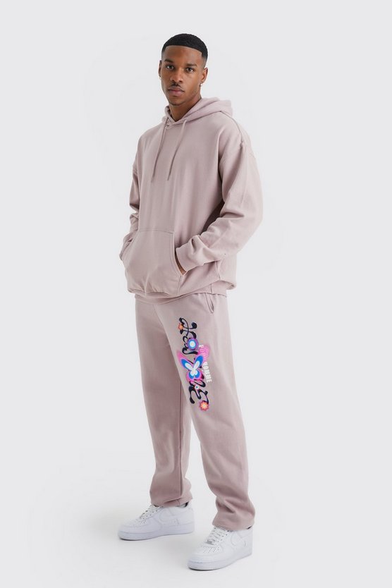 Oversize Homme Trainingsanzug mit Kapuze und Schmetterlings-Print