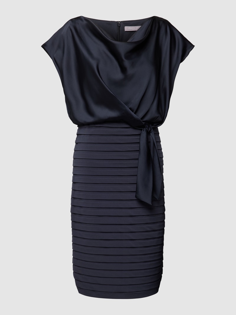 Knielanges Cocktailkleid mit Bindedetail in marineblau meliert