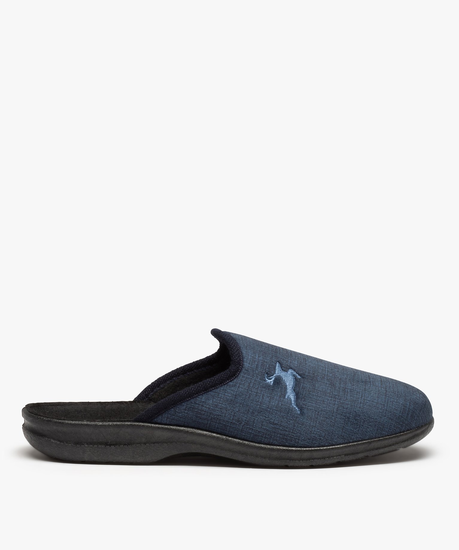 Chaussons mules en velours ras avec broderie homme bleu | GEMO