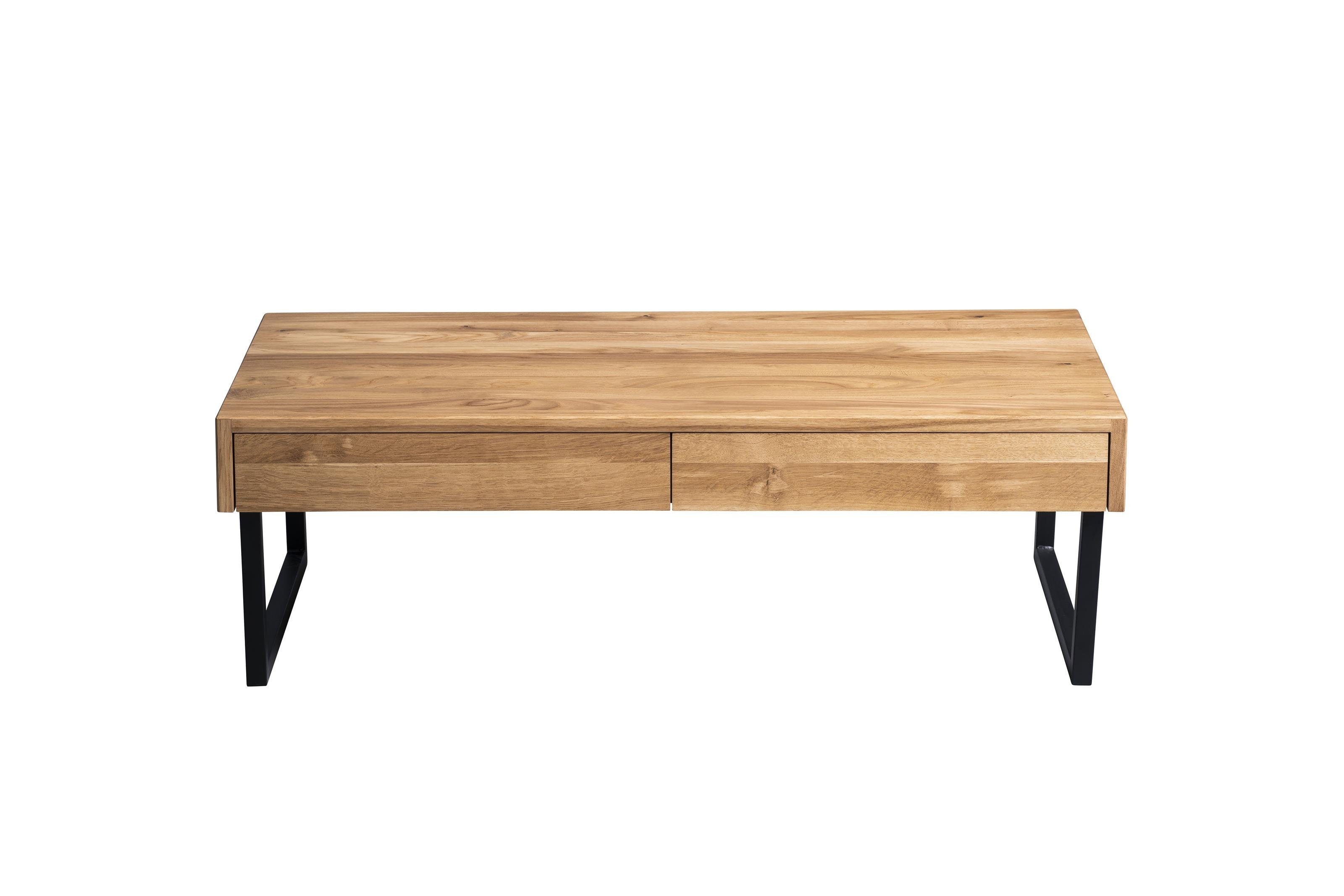 möbelando Couchtisch Livvyy, Moderner Couchtisch, Tischplatte aus Massivholz in Wildeiche geölt, Gestell aus Metall in Schwarz mit 2 Schubkästen. Breite 110 cm, Höhe 35 cm, Tiefe 60 cm