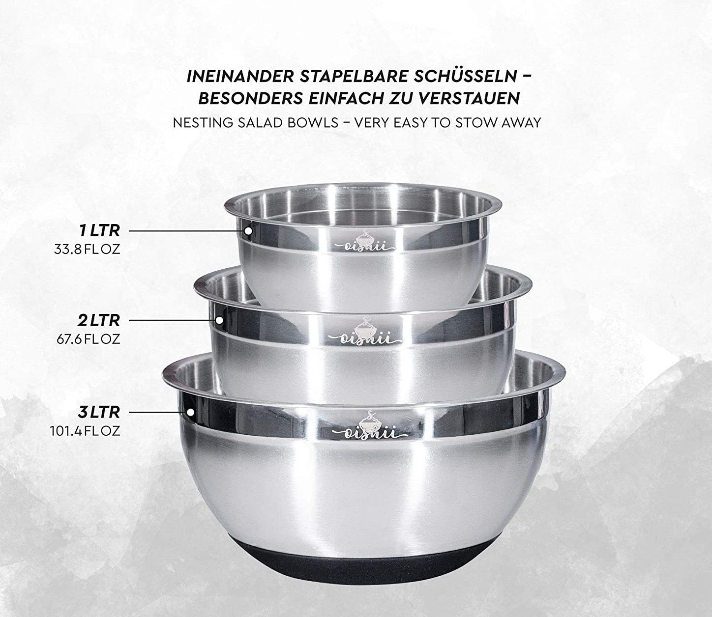 OISHII Salatschüssel Edelstahl Schüssel Set mit Deckel, Edelstahl, (Set, 3-tlg), anti-rutsch, stapelbar