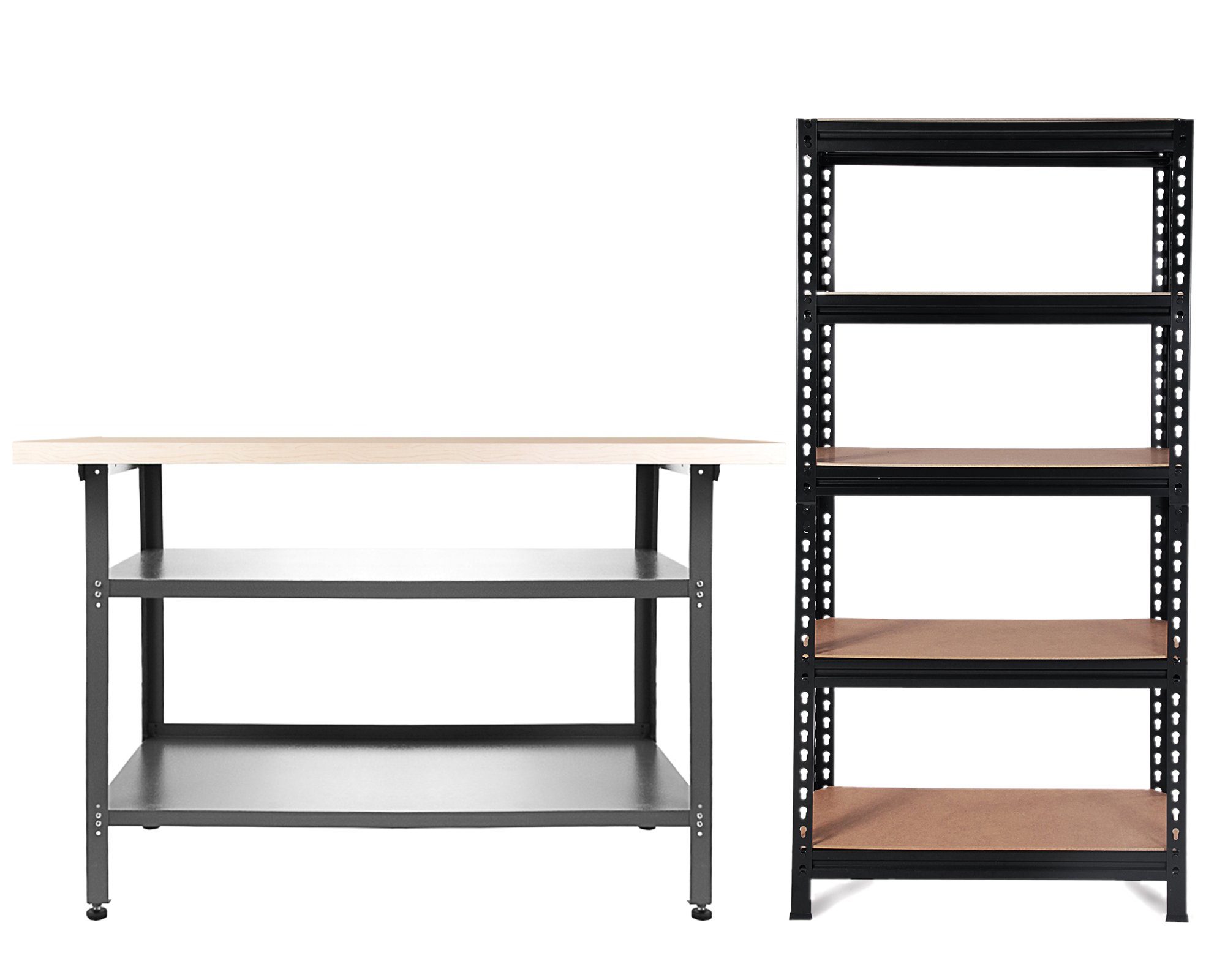 ONDIS24 Werkstatt-Set Werkbank 120 cm Nobbi Packtisch + Metallregal Karl, Lagerregal, (2-tlg), mit höhenverstellbaren Füßen, Kellerregal, robust & pflegeleicht