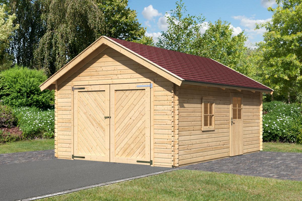 Woodfeeling Blockhausgarage 40 mm mit Tor inkl. Schindeln