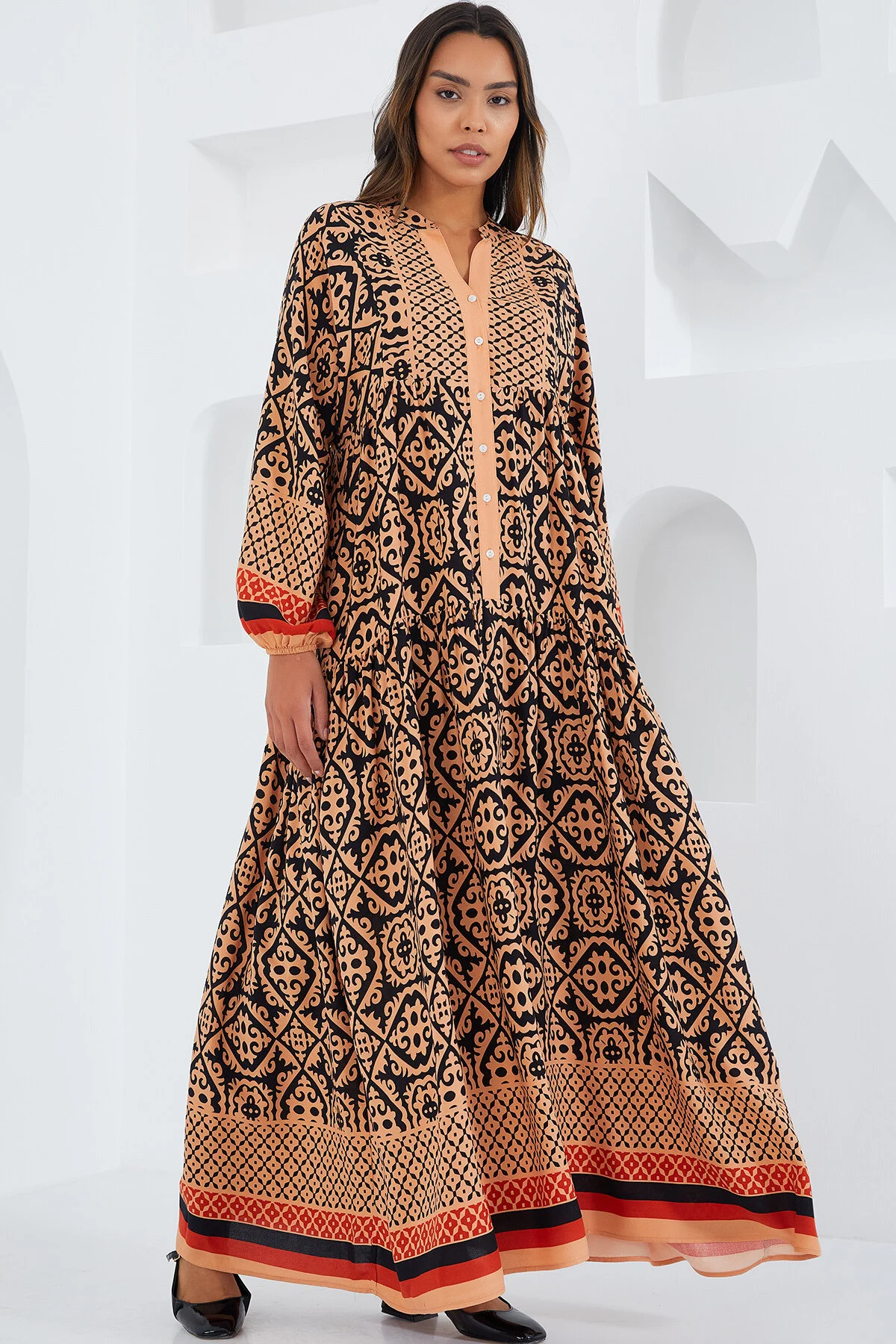 Bigdart  Beiges und schwarzes Viskose-Hijab-Kleid für Damen 2423