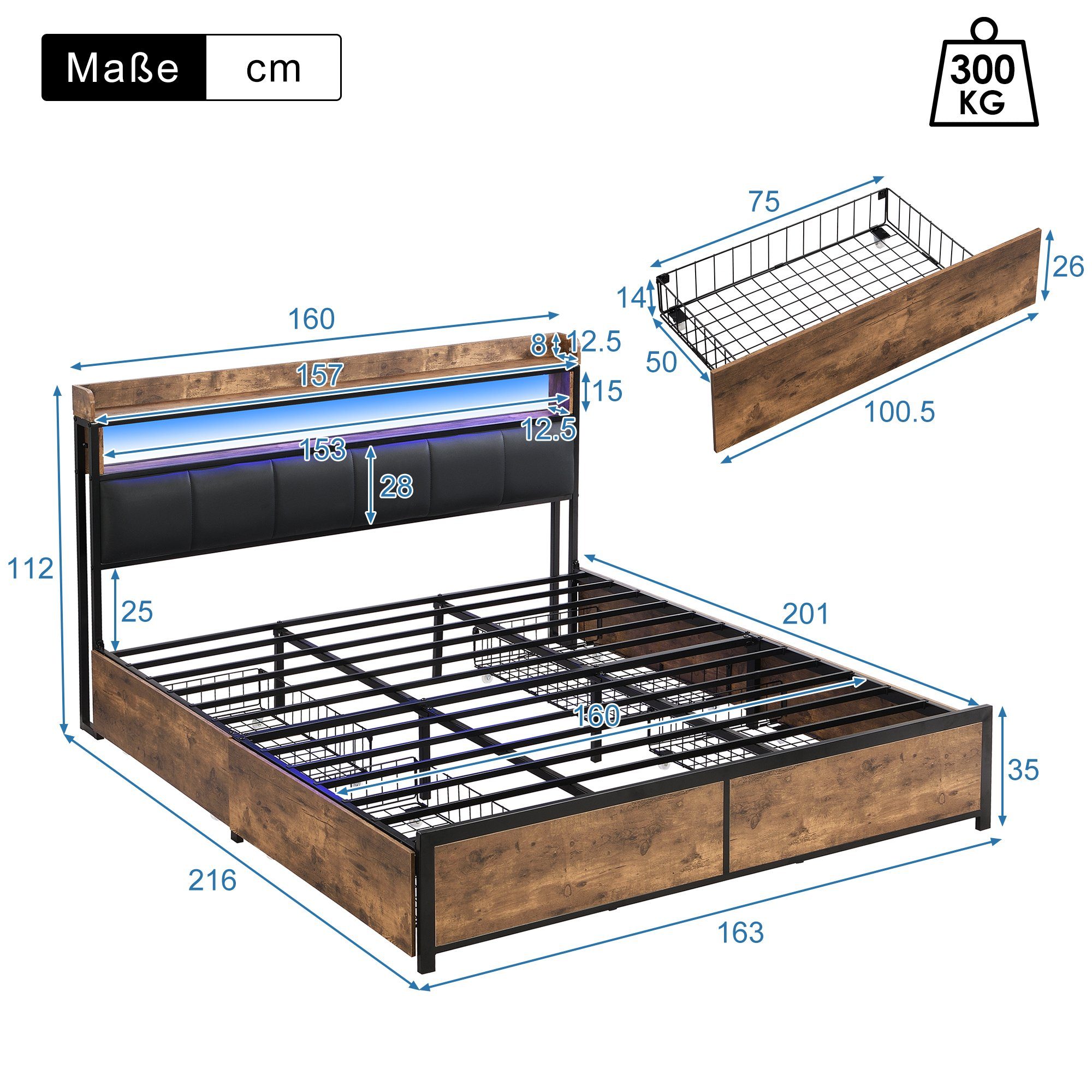 OKWISH Holzbett Polsterbett Jugendbett (160x200 cm Ohne Matratze, LED-Bett, Jugendbett, mit 4 Schubladen)