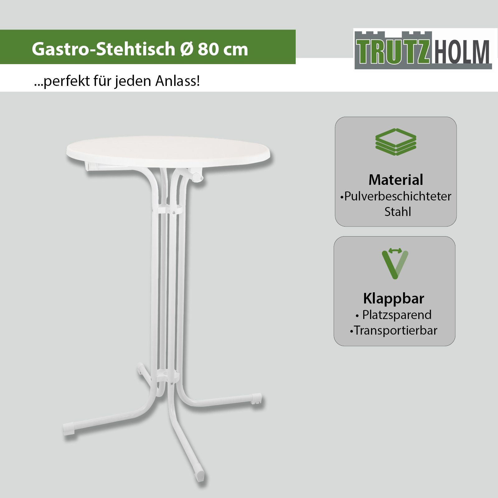 TRUTZHOLM Stehtisch Stehtisch klappbar Ø 80 cm Höhe 110 cm Stahl Gastrotisch Partytisch (1er)