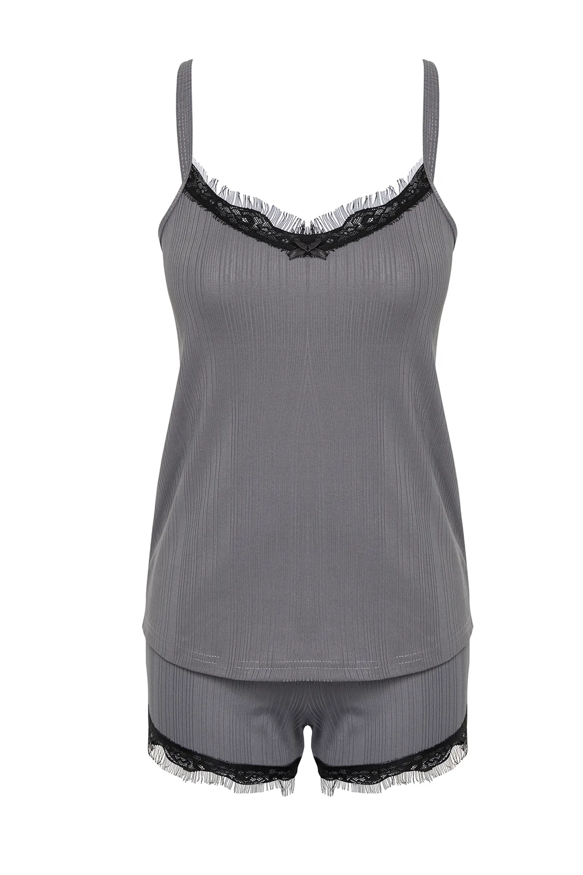 Trendyol Collection  Pyjama-Set aus Strick mit Kordel - Anthrazit, Spitzendetail, Kordelriemen THMSS24PT00360