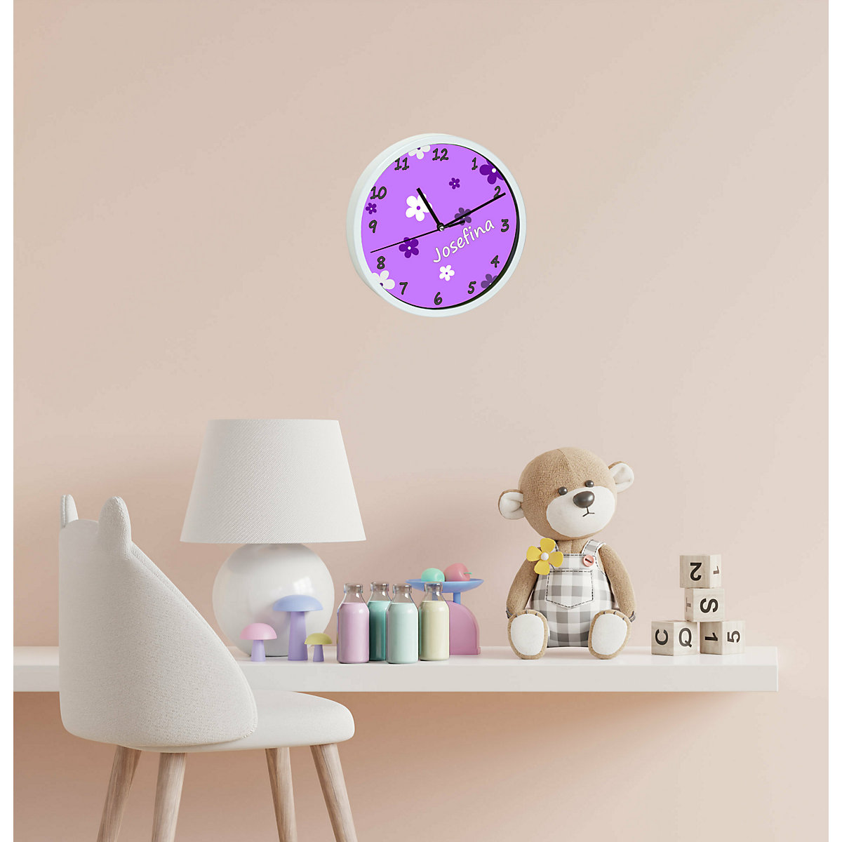 Kinder Wanduhr personalisiert mit Name Blumen Lila