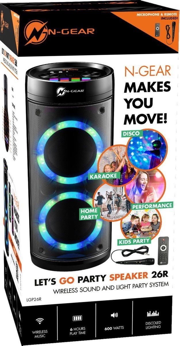 N-GEAR LPG26R Let's Go Party Karaoke LED Disco, Power Bank, Leistung 600W Bluetooth-Lautsprecher