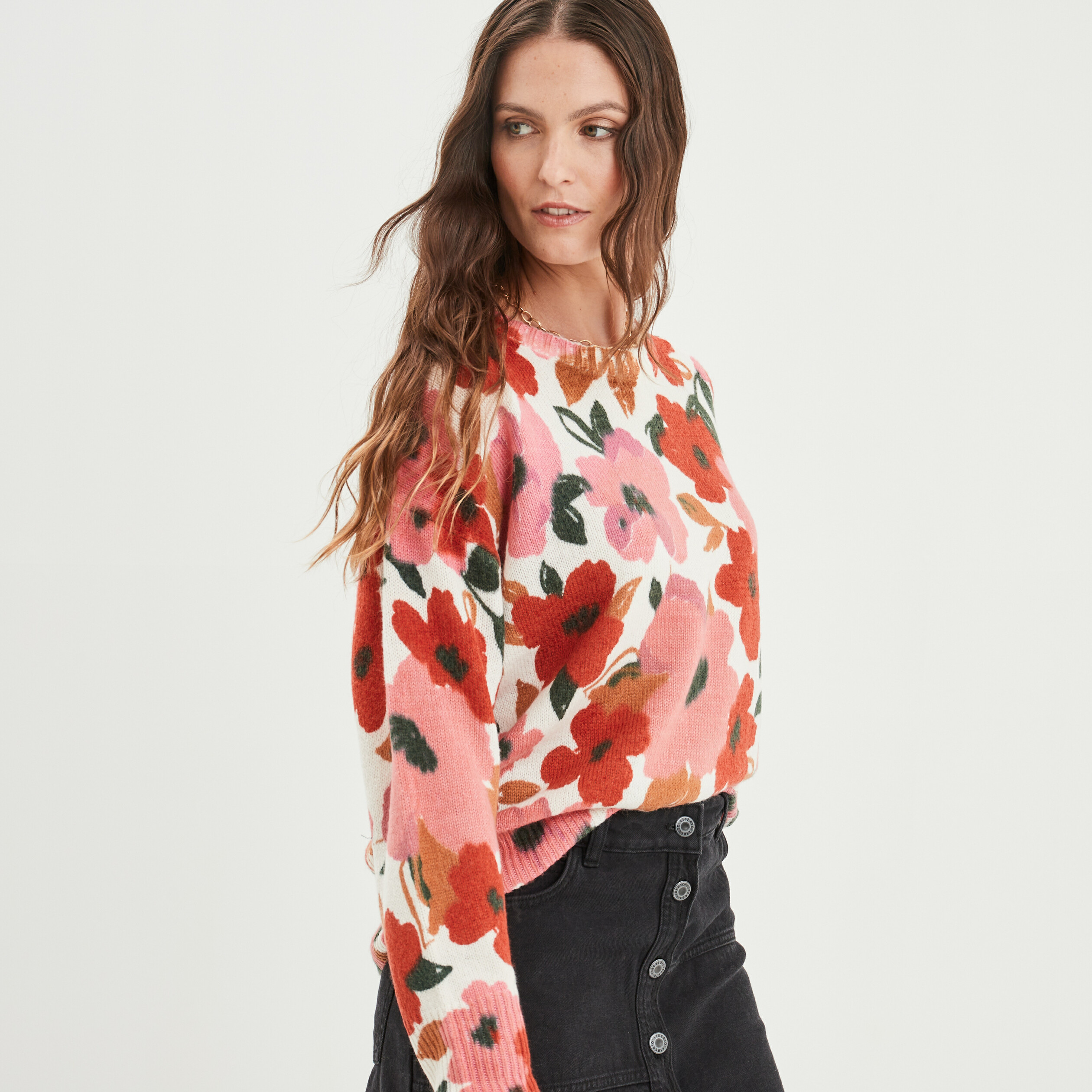 Pull col rond manches longues multicolore femme | La Halle