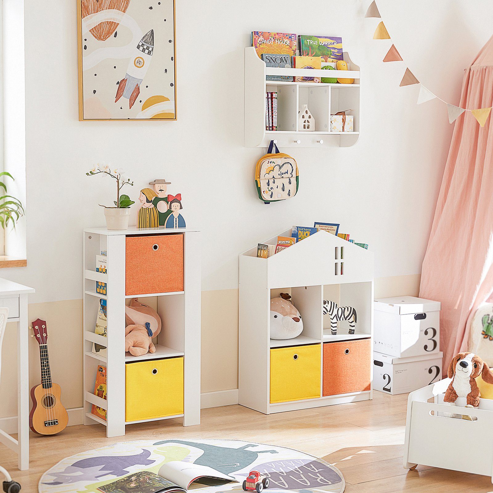 SoBuy Bücherregal KMB49, mit Haus-Design Kinderregal mit 2 Stoffboxen Spielzeugregal