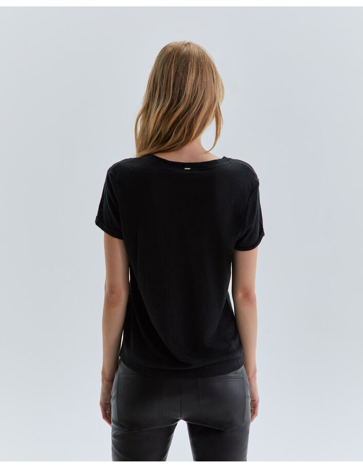 Tee-shirt noir en maille de lin à message Femme