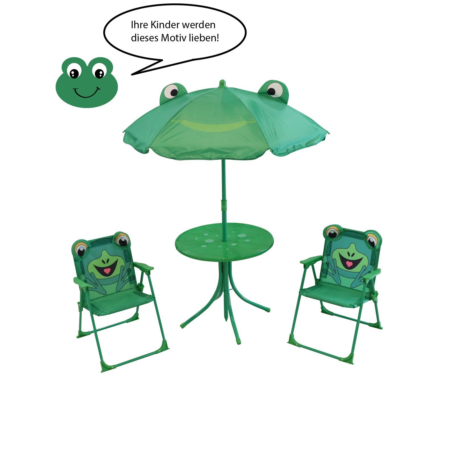 TOYREX Garten-Kindersitzgruppe Kindersitzgruppe Set Frosch-Design, (4er Set), inkl. Sonnenschirm