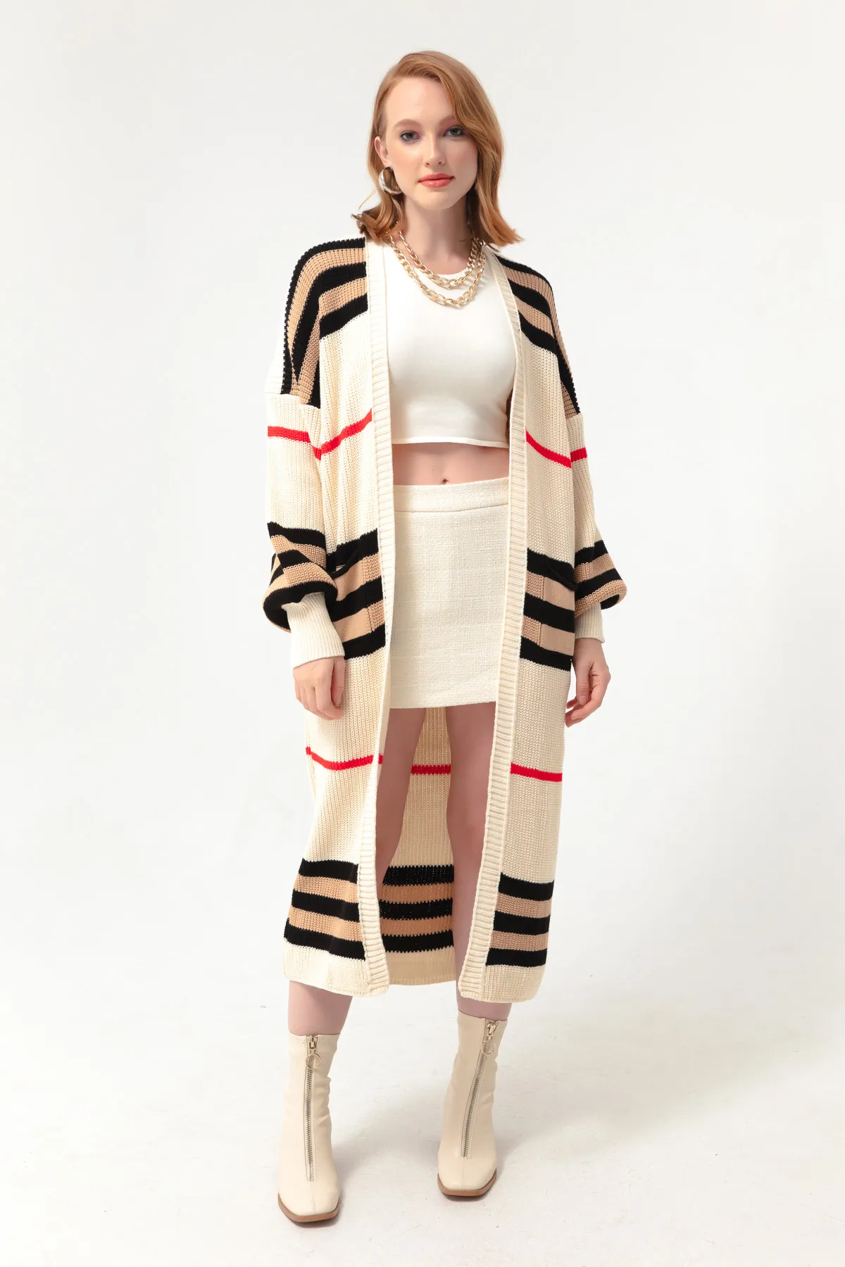 Lafaba  Beige-brauner, langer Strick-Cardigan mit Ballonärmeln für Damen