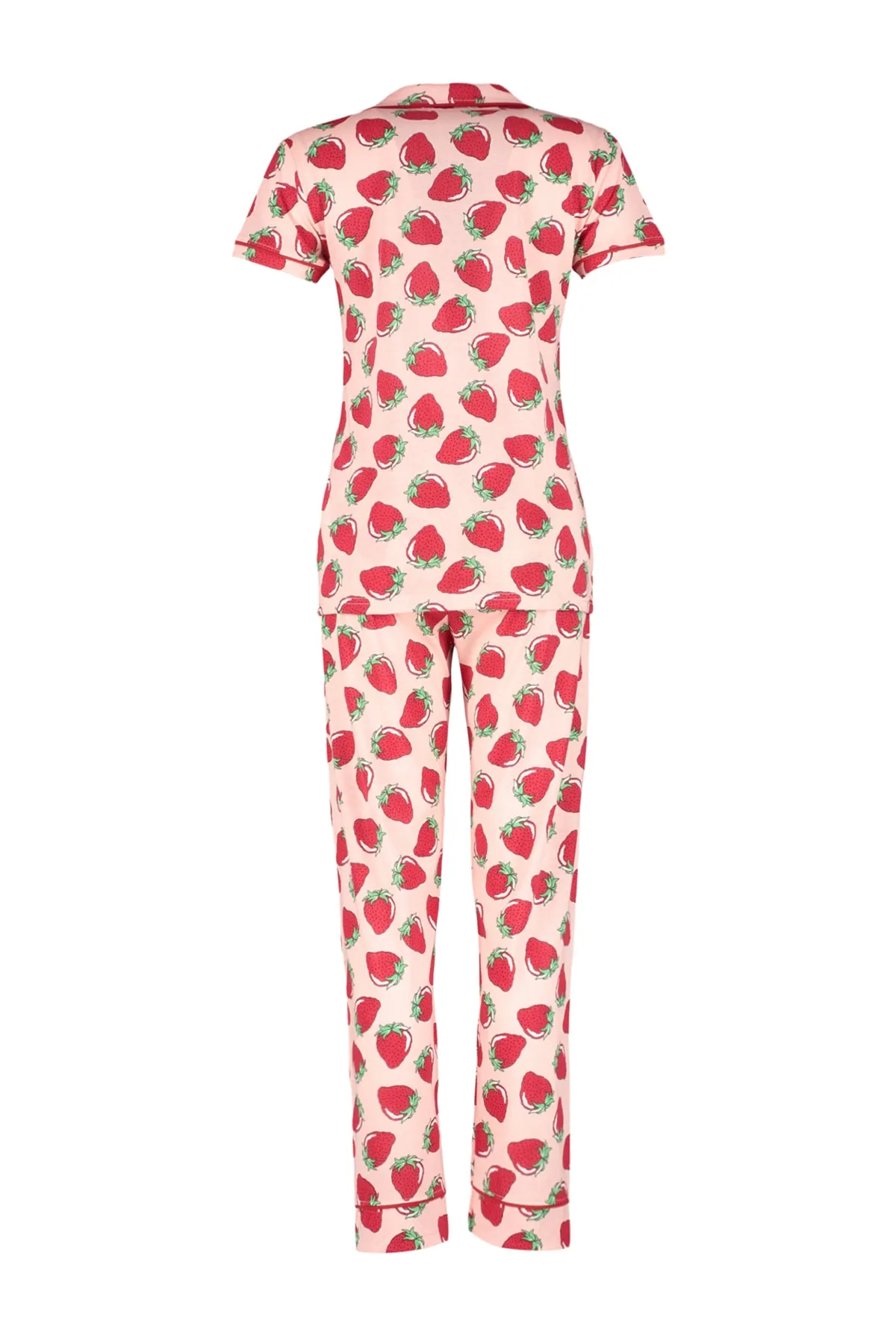 Trendyol Collection  Rosafarbenes Pyjama-Set aus Strick mit Erdbeermuster und Paspelierung THMSS21PT0784
