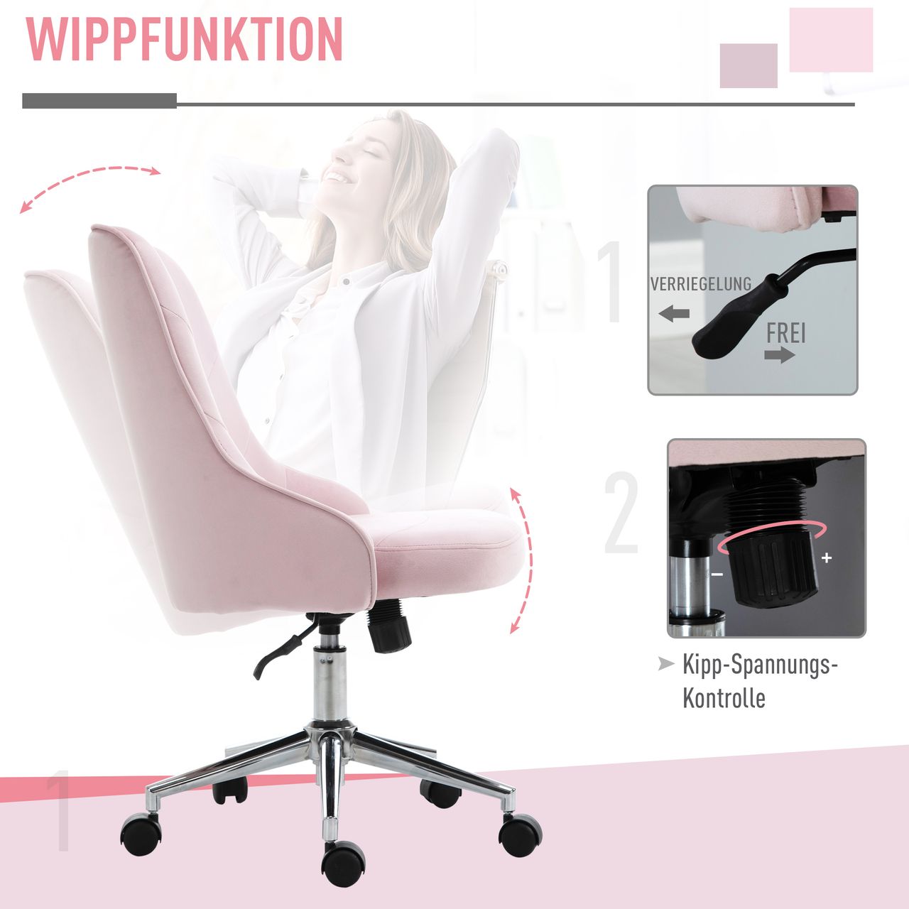 Vinsetto Bürostuhl Schreibtischstuhl Computerstuhl Drehstuhl SOHO-Stil Arbeitstuhl mit Wippenfunktion höhenverstellbar Samt Rosa 57 x 61 x 86-96 cm