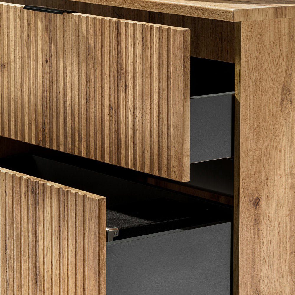 Lomadox Badmöbel-Set ADELAIDE-56, (4-St), Eiche Rillenoptik Spiegel Waschbeckenschrank Waschbecken Hochschränke