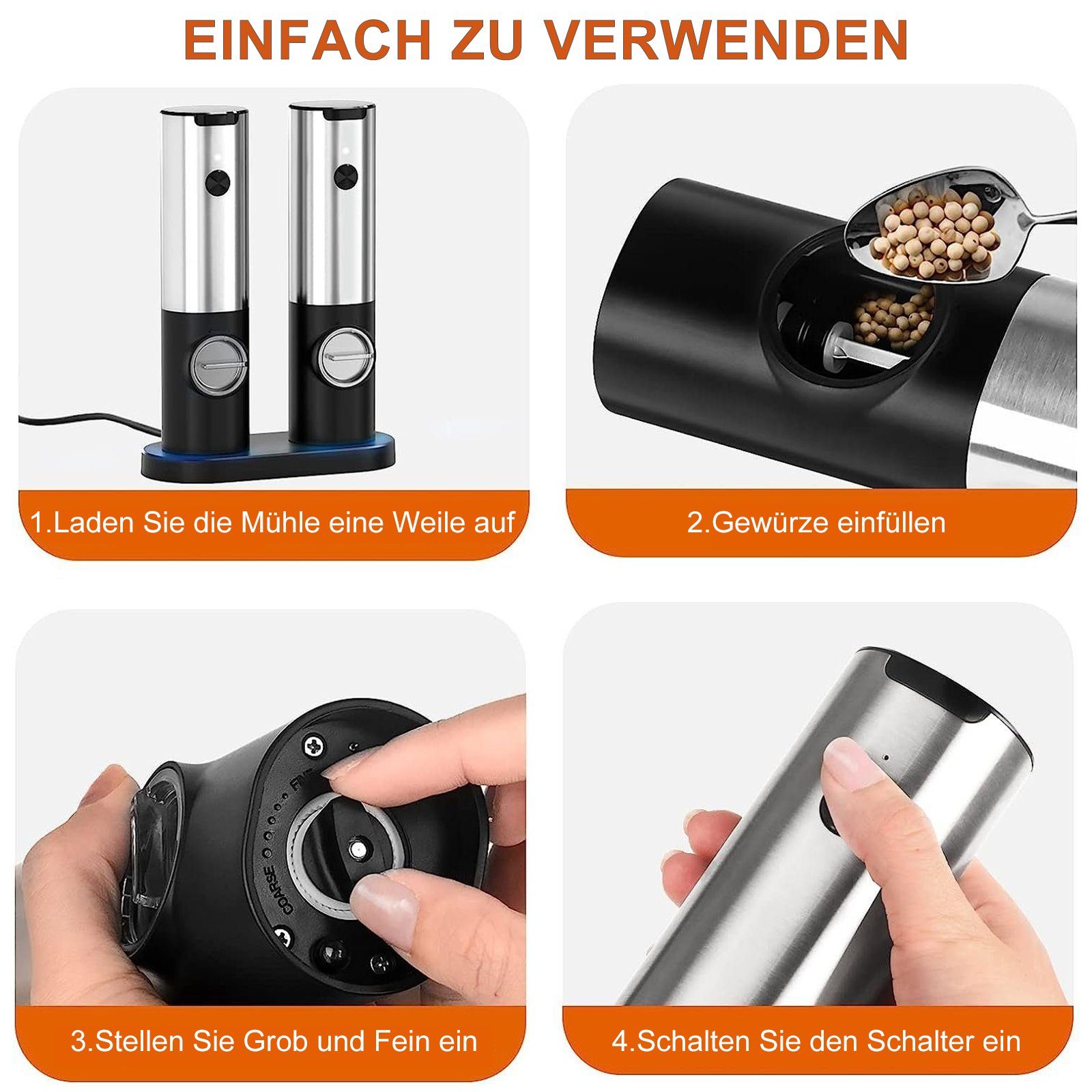 INTEBIKI Pfeffermühle Salz und Pfeffermühle Elektrisch mit Basis,Wiederaufladbare USB Automatischer Betrieb Salzmühle mit LED-Licht,Edelstahl-Einhand-Küchenhelfermühle, (2 Stück), Einstellbare Grobkörnigkeit(2 Stück Gewürzmühle Elektrisch)