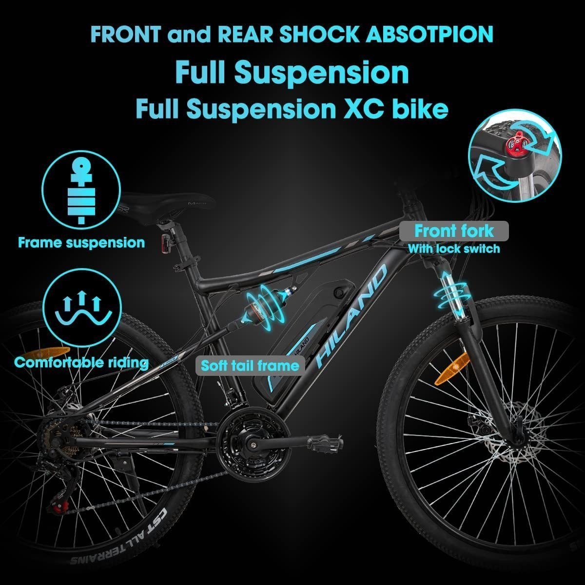 HILAND E-Bike 27.5/29 Zoll E-Mountainbike Vollfederung Damen Herren,mit LCD Display, 21 Gang Shimano Tourney Schaltwerk, Kettenschaltung, Heckmotor, 374.4 Wh Akku, (set, mit Schutzblechen, mit Beleuchtungsset, mit akku-ladegerat), Elektrofahrrad für